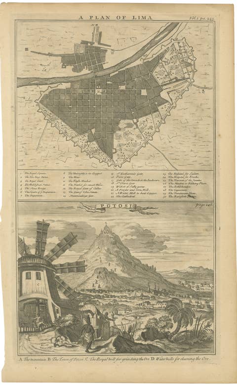 Original Antique Plan of Lima and View of Potosí by A. & J. Churchill, c.1744
