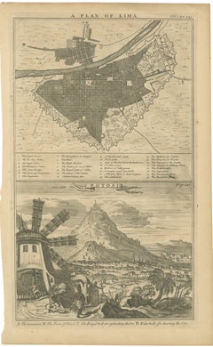 Original Antique Plan of Lima and View of Potosí by A. & J. Churchill, c.1744