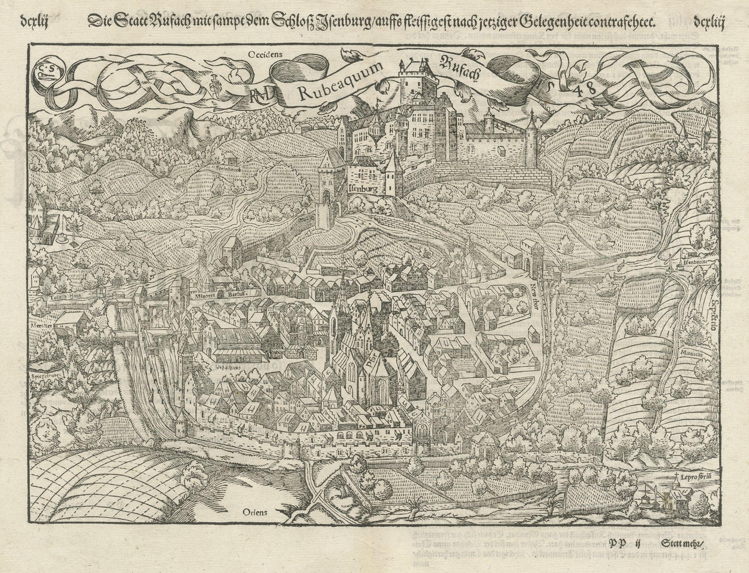 Original Antique Plan of Rouffach, France, with Chateau d'Isenbourgh, 1588 In Good Condition For Sale In Langweer, NL