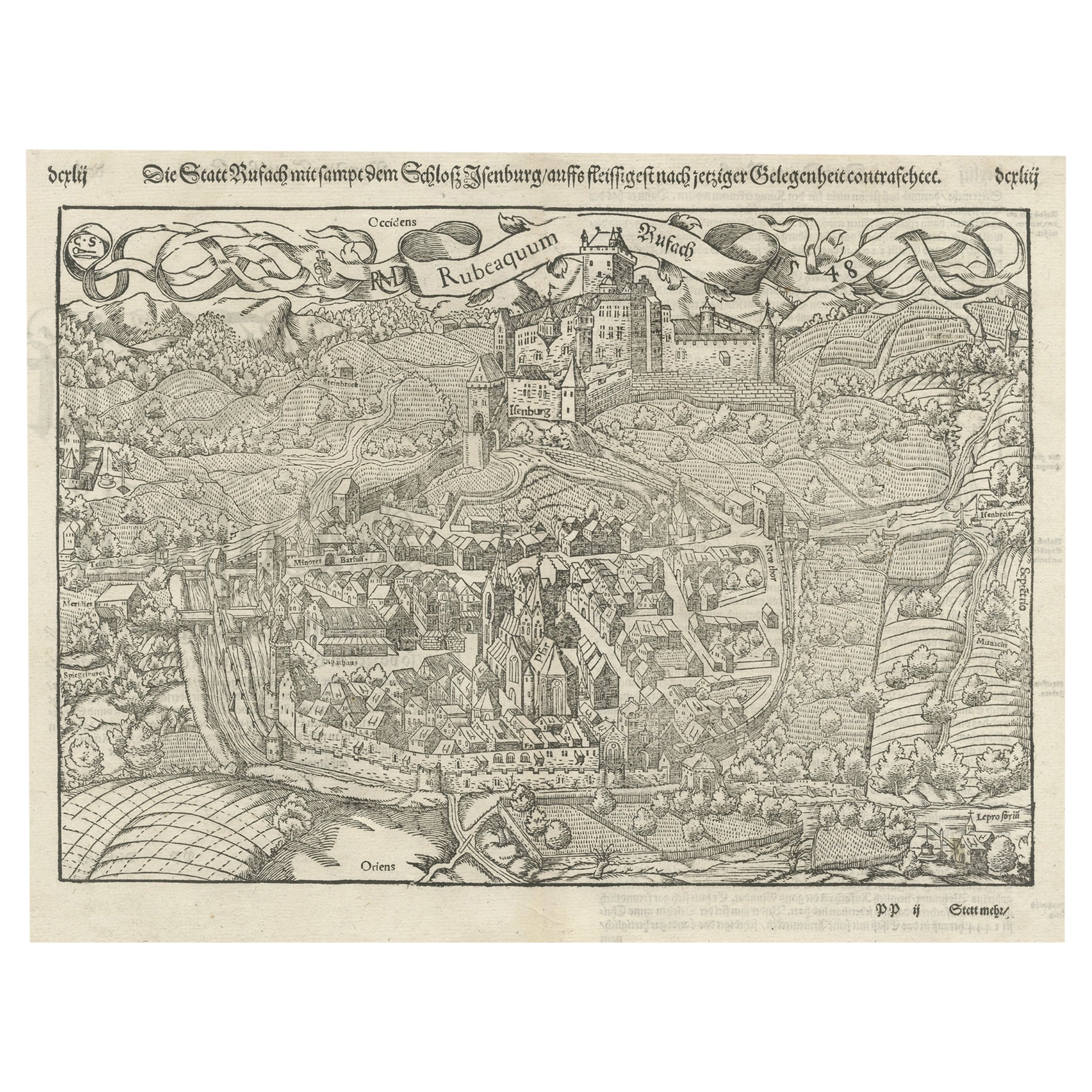 Pianta antica originale di Rouffach, Francia, con Chateau d'Isenbourgh, 1588