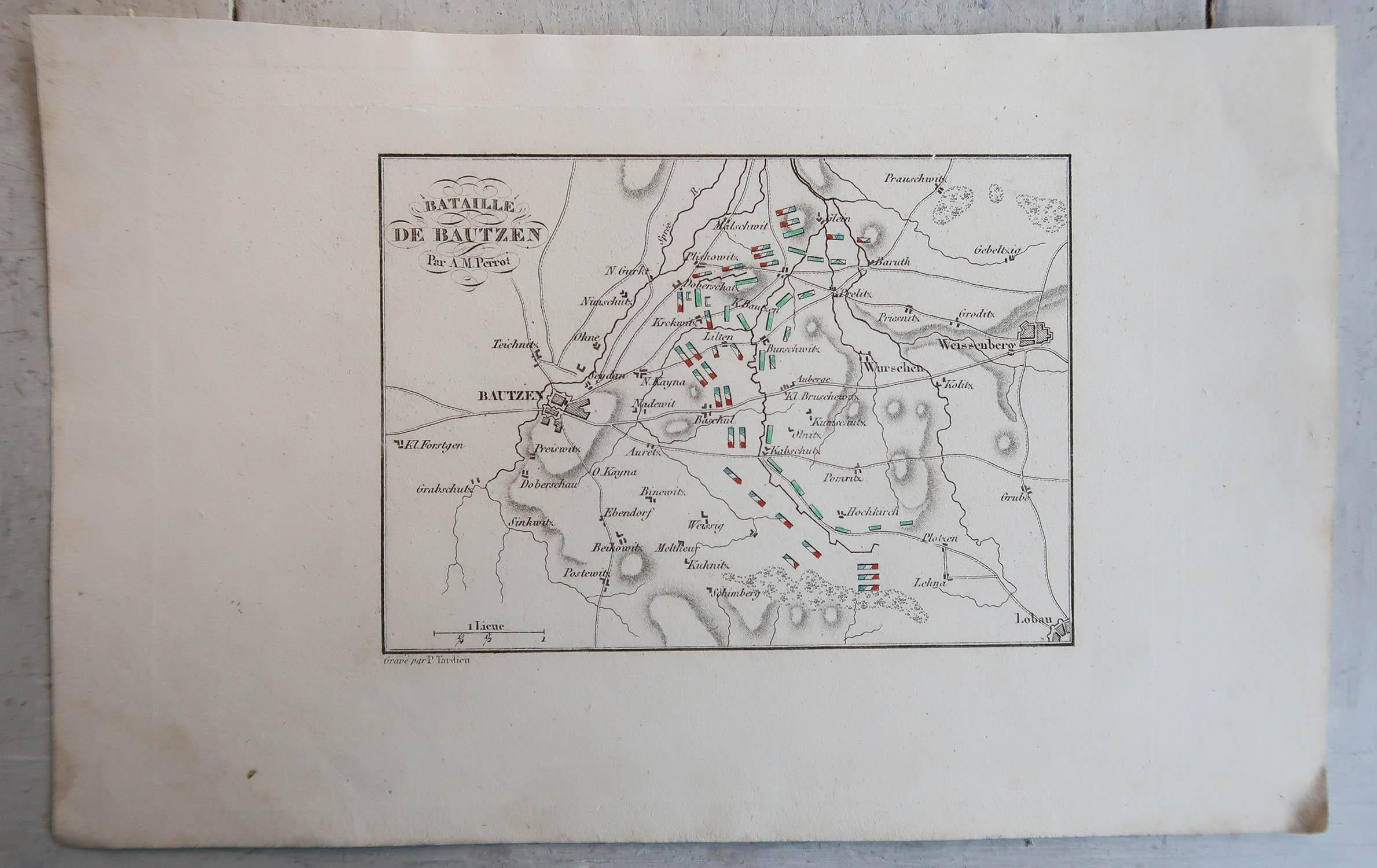 French Original Antique Plan of The Battle of Bautzen, Napoleon Bonaparte. Circa 1850