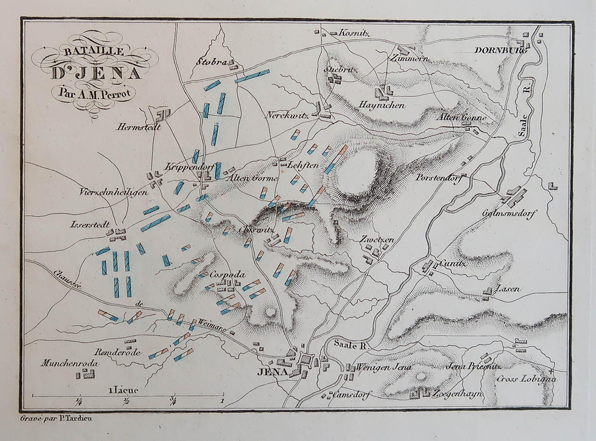 Great battle plan of The Battle of Jena-Auerstedt

Drawn by A.M Perrot

Steel engraving by Tardieu with original hand colour

Unframed.

The size given is the paper size