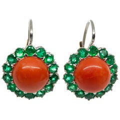 Original Platinum Natural Coral and Emerald Earrings Original Platinum Natural Coral and Emerald Earrings