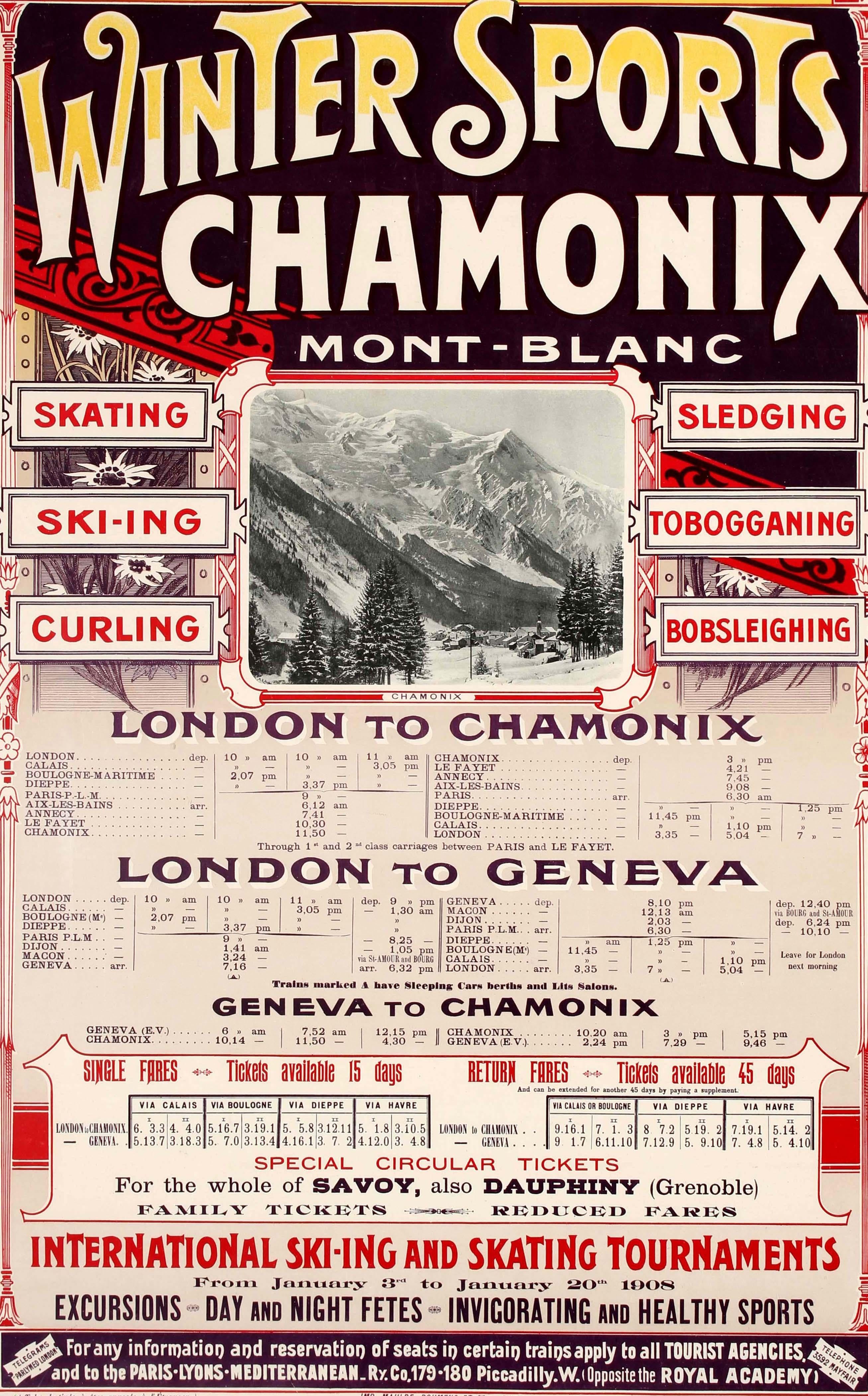 Original antique travel advertising poster published by the PLM Paris Lyons and Mediterranean Railway and issued abroad to promote its train services to the alpine resorts of Chamonix in the Mont Blanc region from London and Geneva with a list the