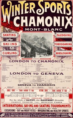 Original Antique PLM Railway Poster - Skiing & Winter Sports Chamonix Mont Blanc