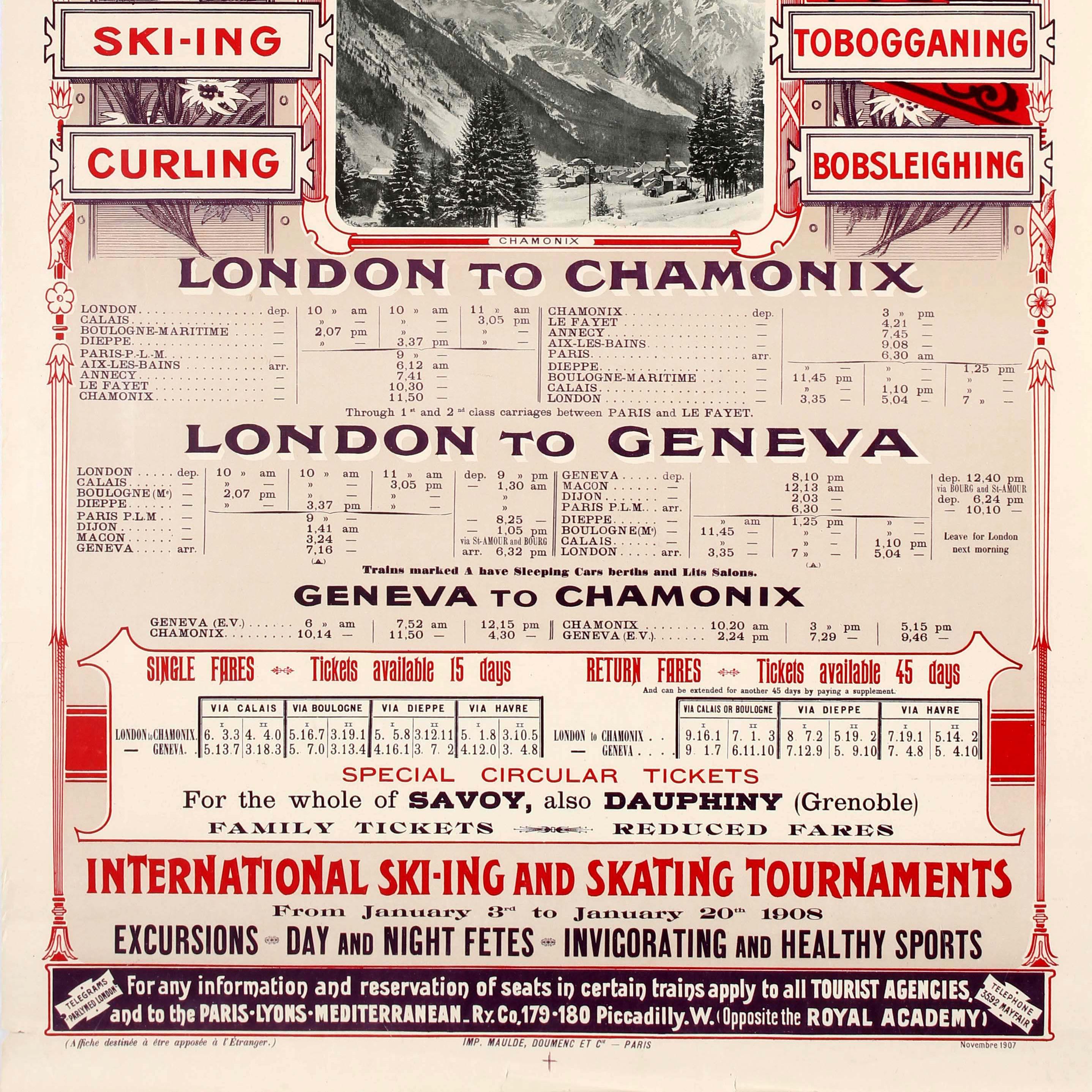 Affiche d'origine ancienne des chemins de fer PLM - Sports de ski et d'hiver Chamonix Mont Blanc Bon état - En vente à London, GB