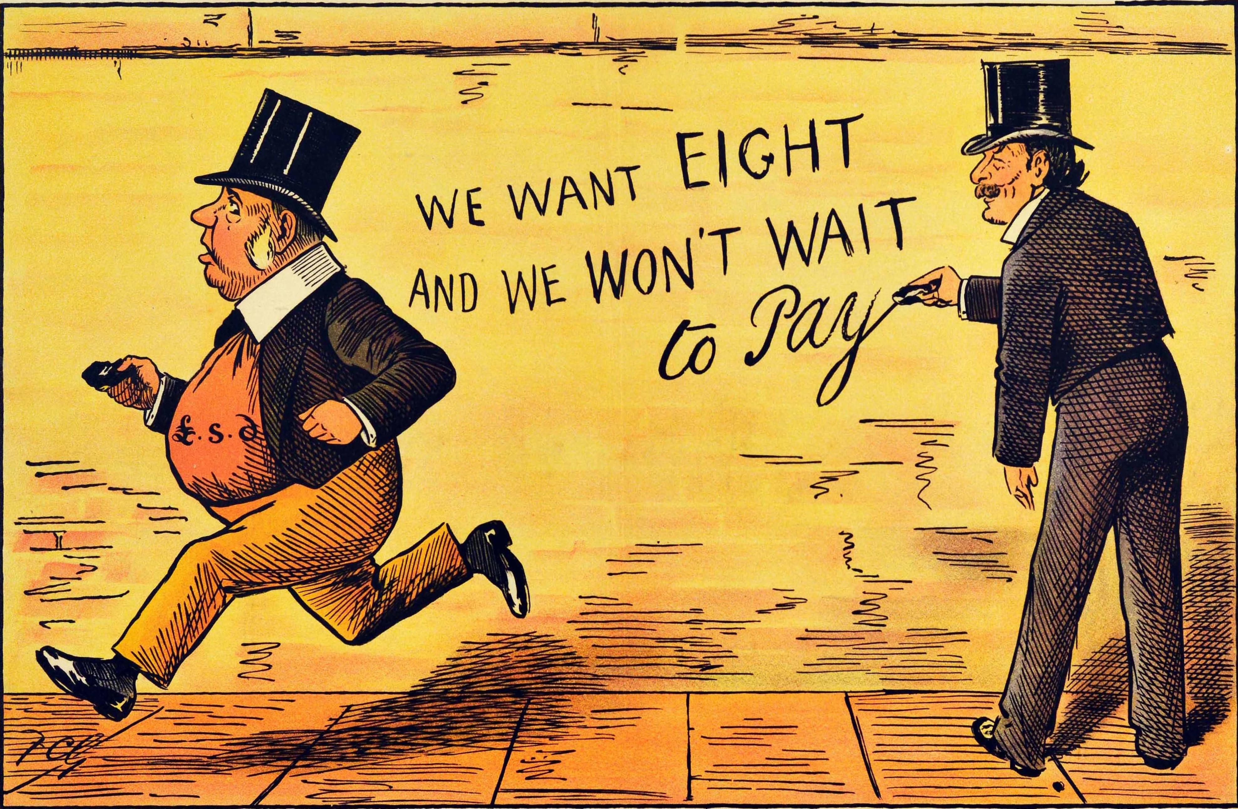 Original antique political election propaganda poster issued by the Liberal Party - A Little Omission - featuring a man wearing a suit with the British pound sterling and shillings symbols on his front and holding a piece of chalk in his hand after