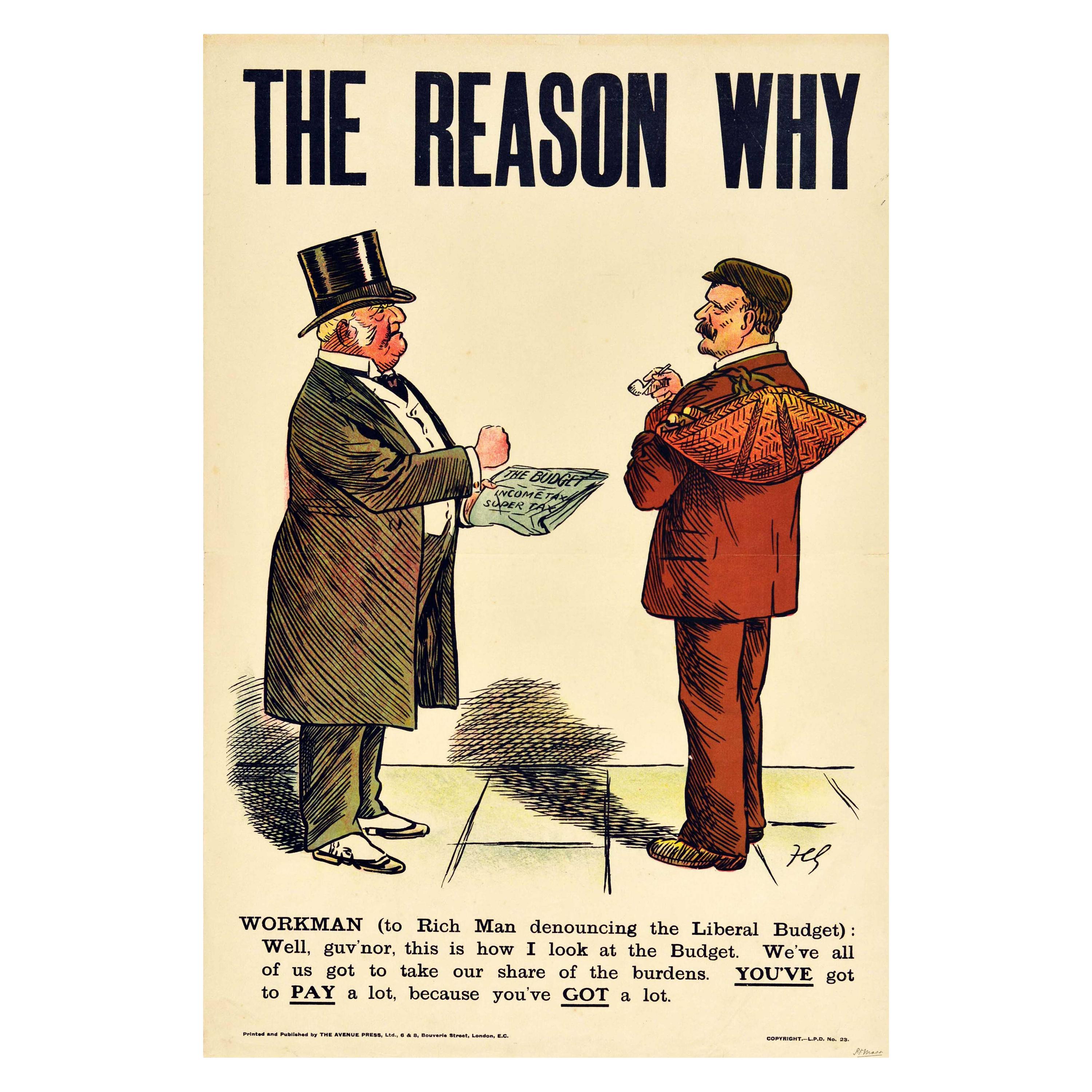 Original Antique Political Poster Liberals Budget Tax Reason Why Worker Rich Man For Sale