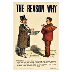Original Antikes antikes politisches Poster Liberals Budget Tax Grund warum Arbeiter reicher Mann ist