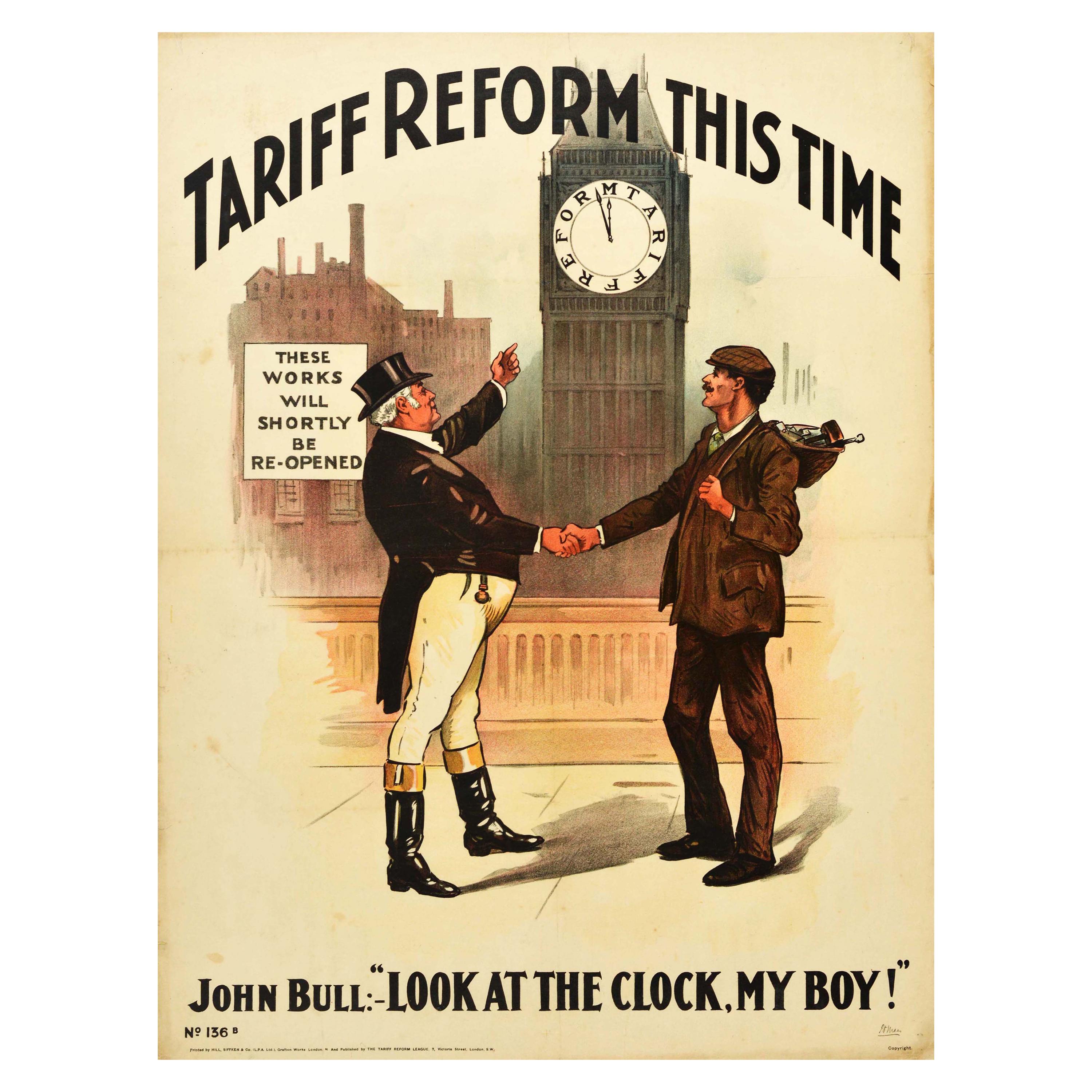 Ancienne affiche politique originale, Réforme tarifiaire, Réforme tarifiaire, Cette horloge, Design John Bull