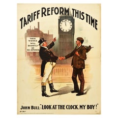 Original Used Political Poster Tariff Reform This Time Clock John Bull Design