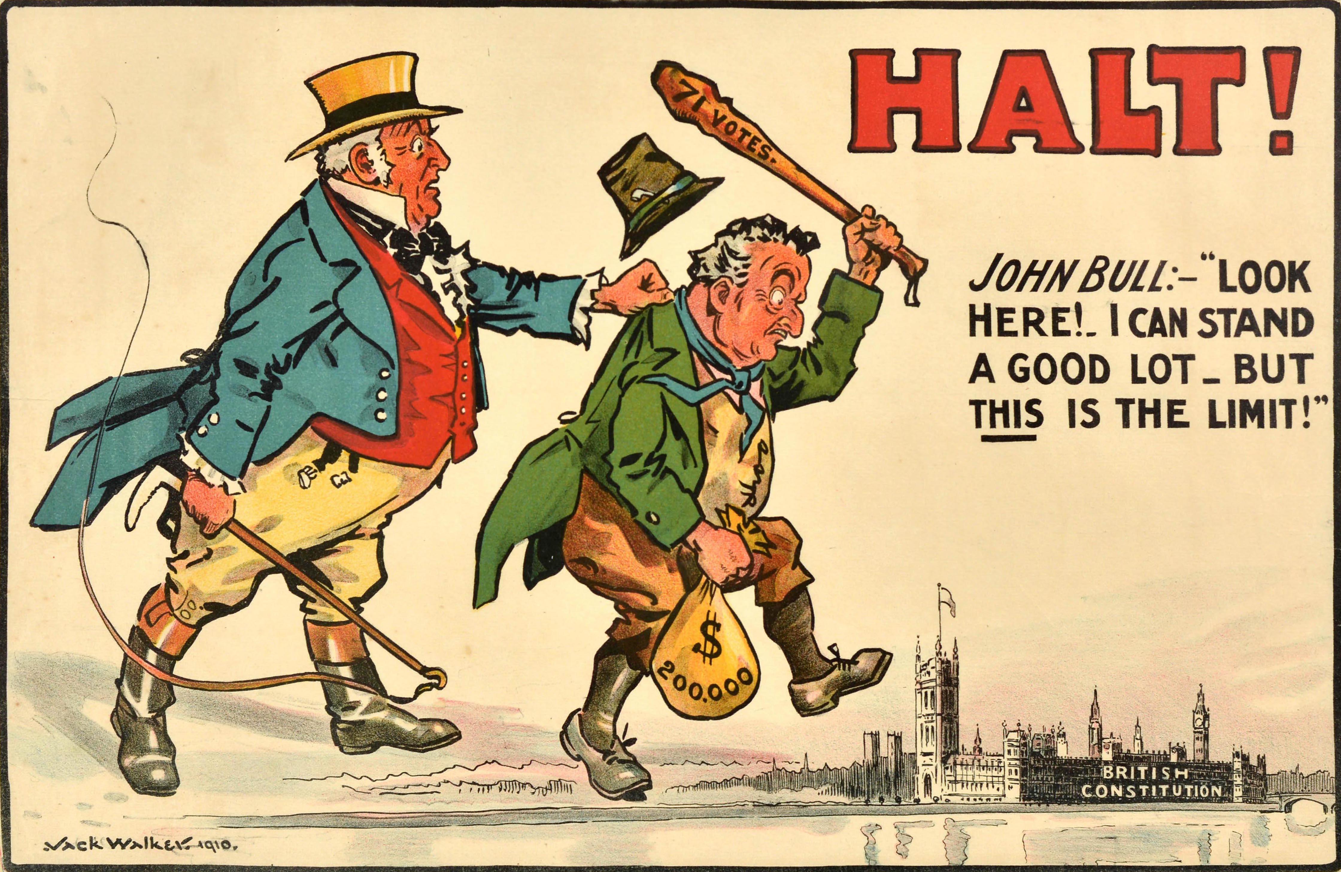 Cartel antiguo original de propaganda política electoral con una ilustración humorística que muestra a un John Bull de aspecto molesto con chaleco rojo y botas que sostiene un látigo en una mano y, en la otra, a un hombre cogido por el cuello, una