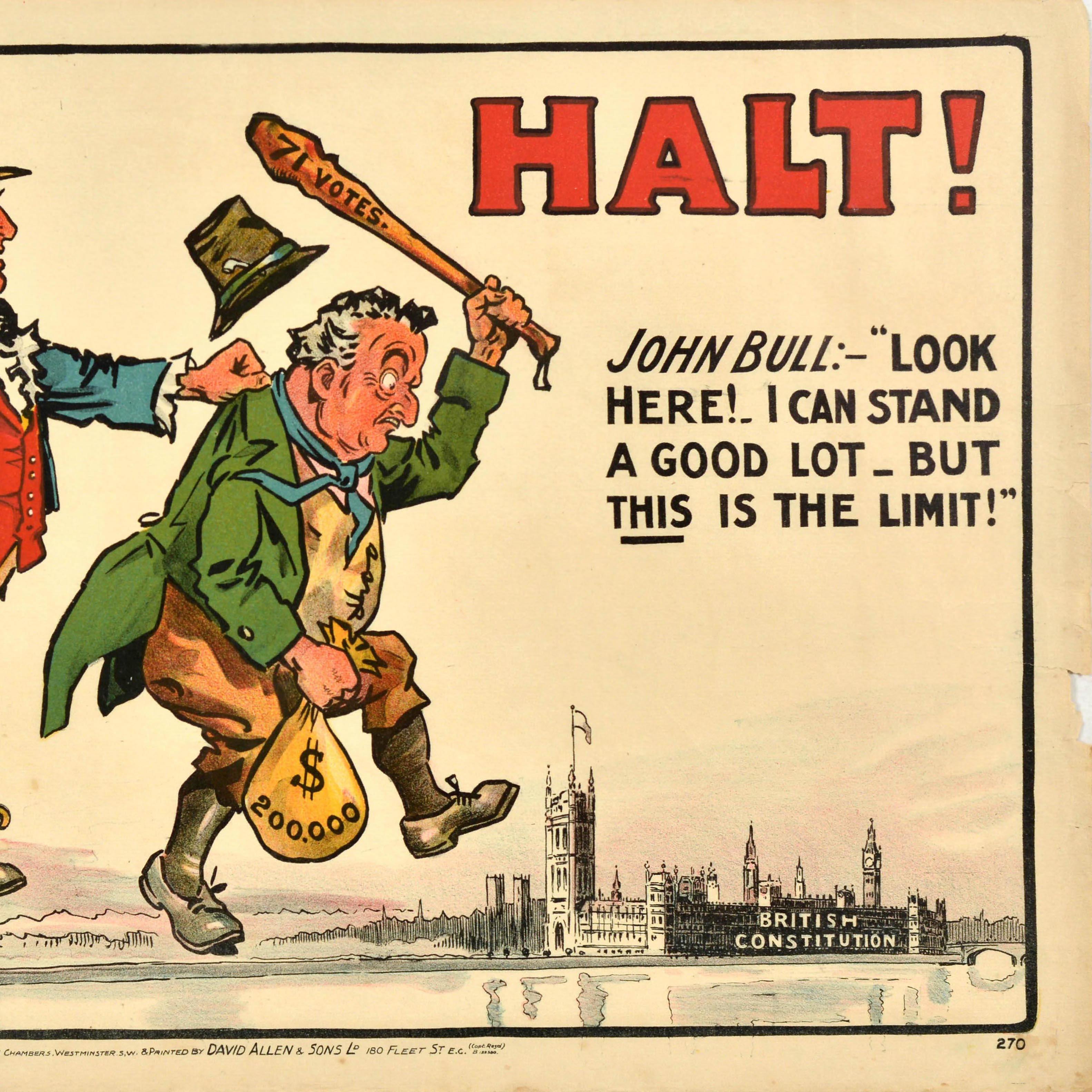 Cartel original antiguo de propaganda política Halt John Bull Constitución británica en Bastante bueno estado para la venta en London, GB