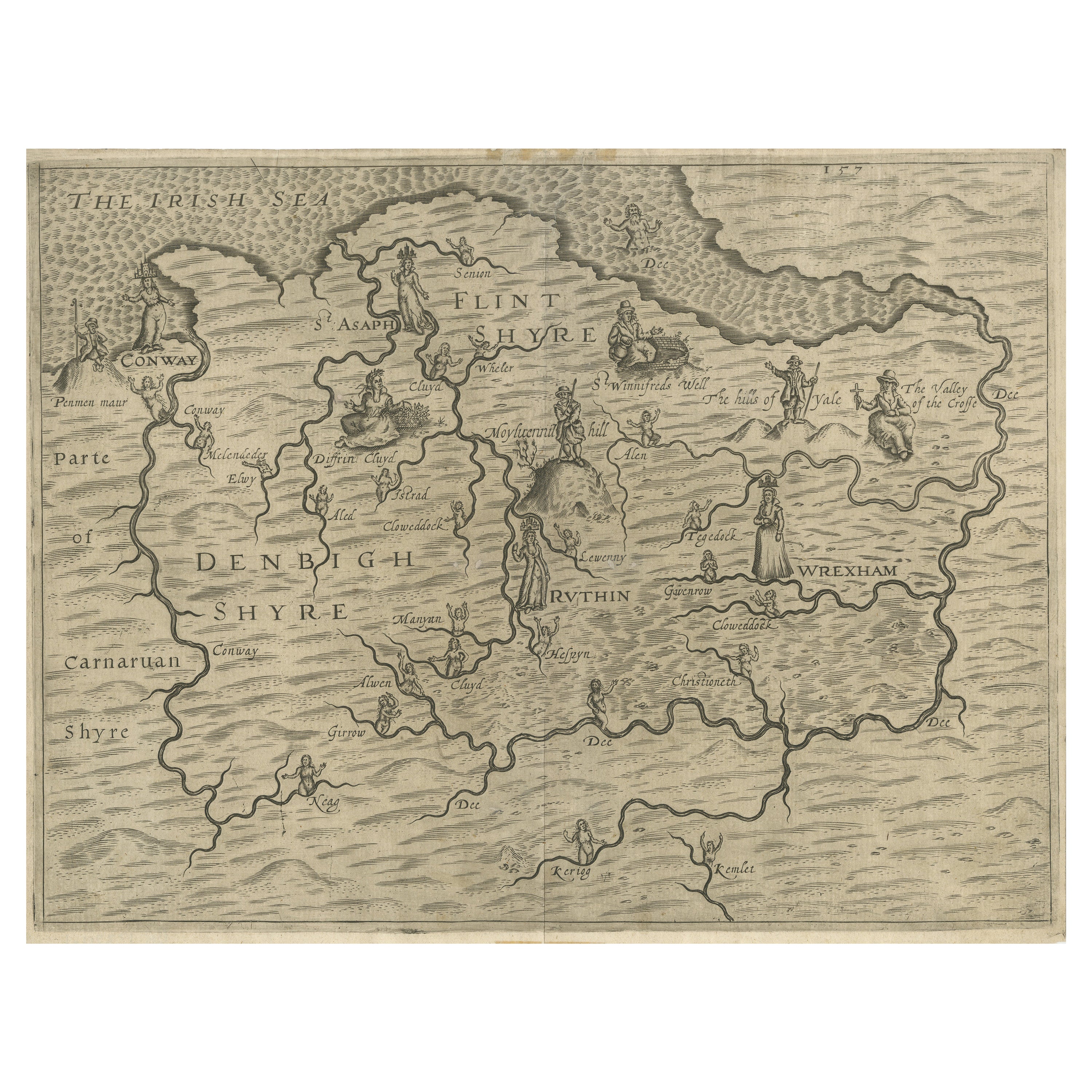 Denbighshire & Flintshire – Antique Map from Drayton’s Poly-Olbion, 1622 For Sale
