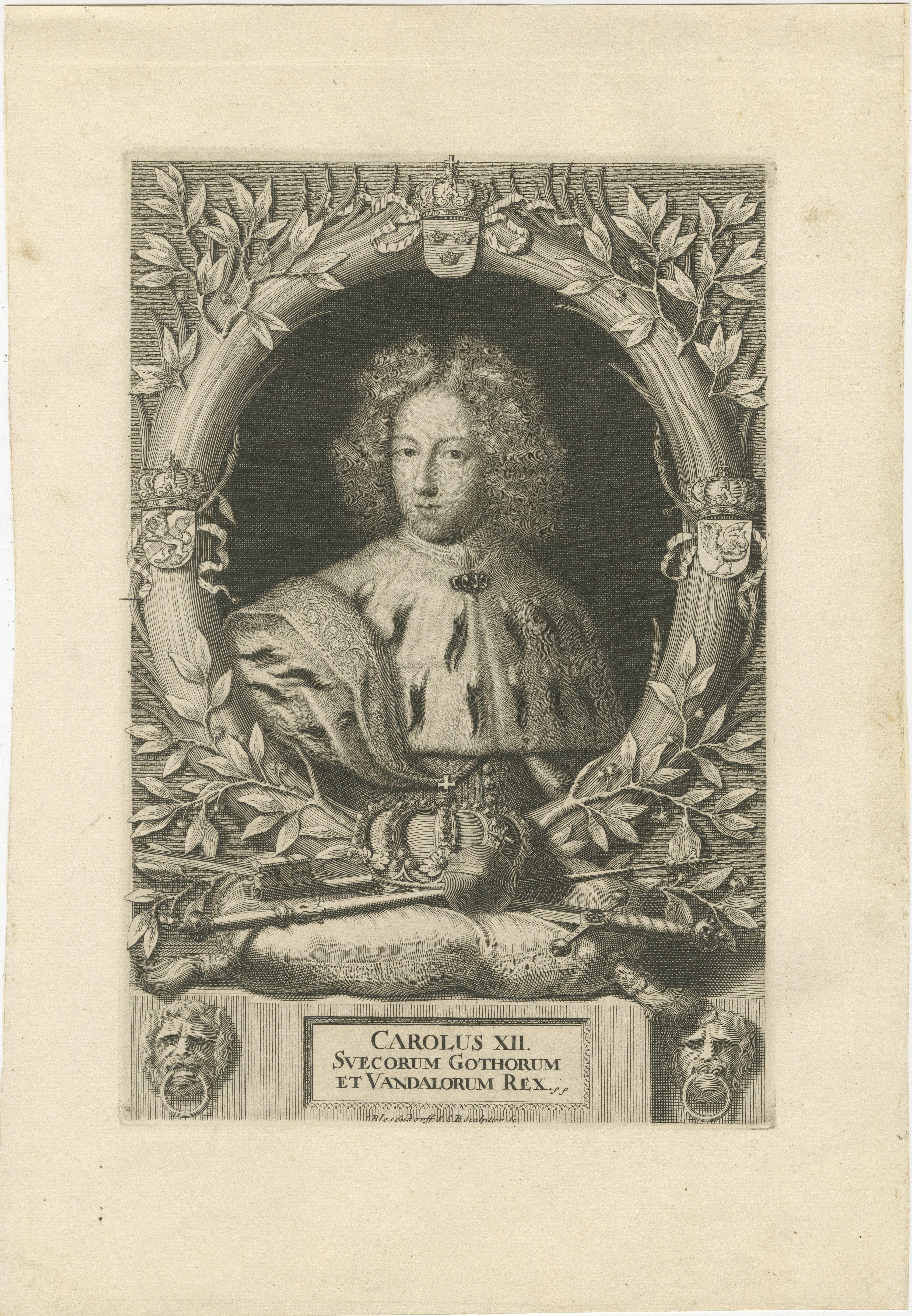 This is an original antique print that  features an intricate engraving from 1698, depicting Charles XI, the King of Sweden, titled 