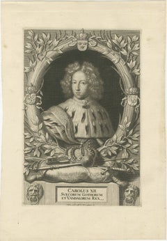 Original Antique Portrait of Charles XI of Sweden, Engraved in 1698