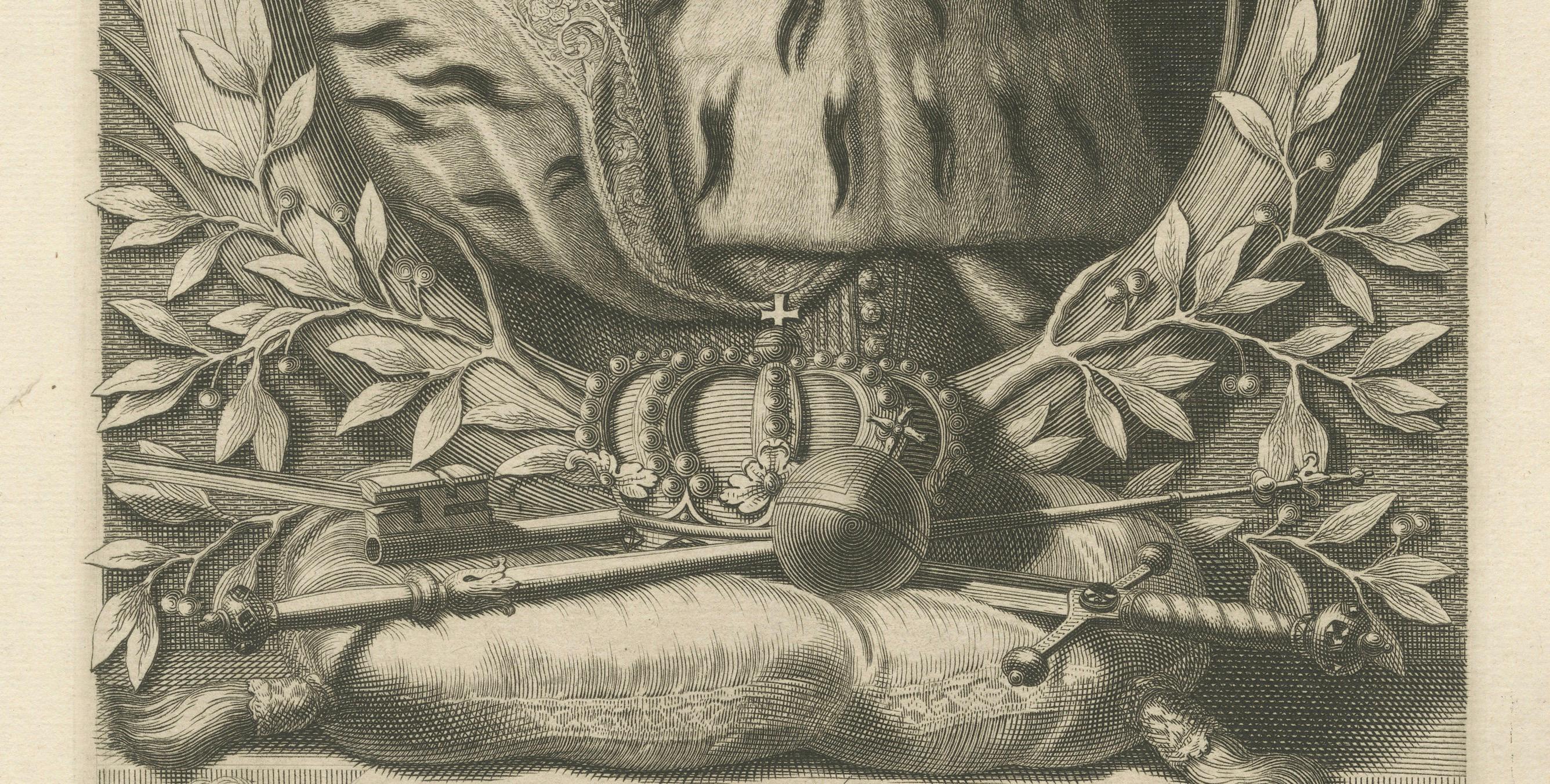Portrait ancien de Charles XI de Suède, gravé en 1698 Bon état - En vente à Langweer, NL