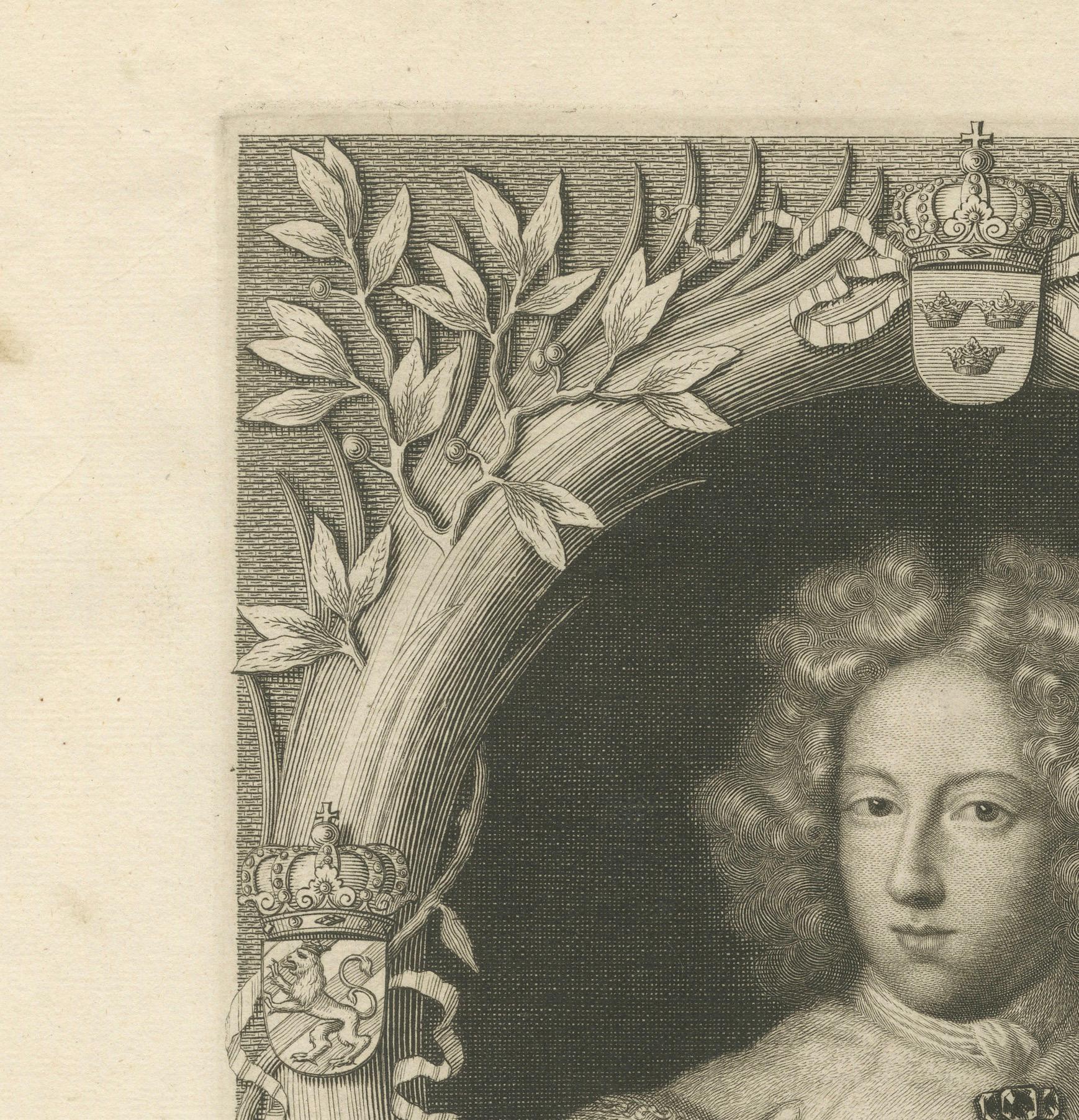 Paper Original Antique Portrait of Charles XI of Sweden, Engraved in 1698 For Sale
