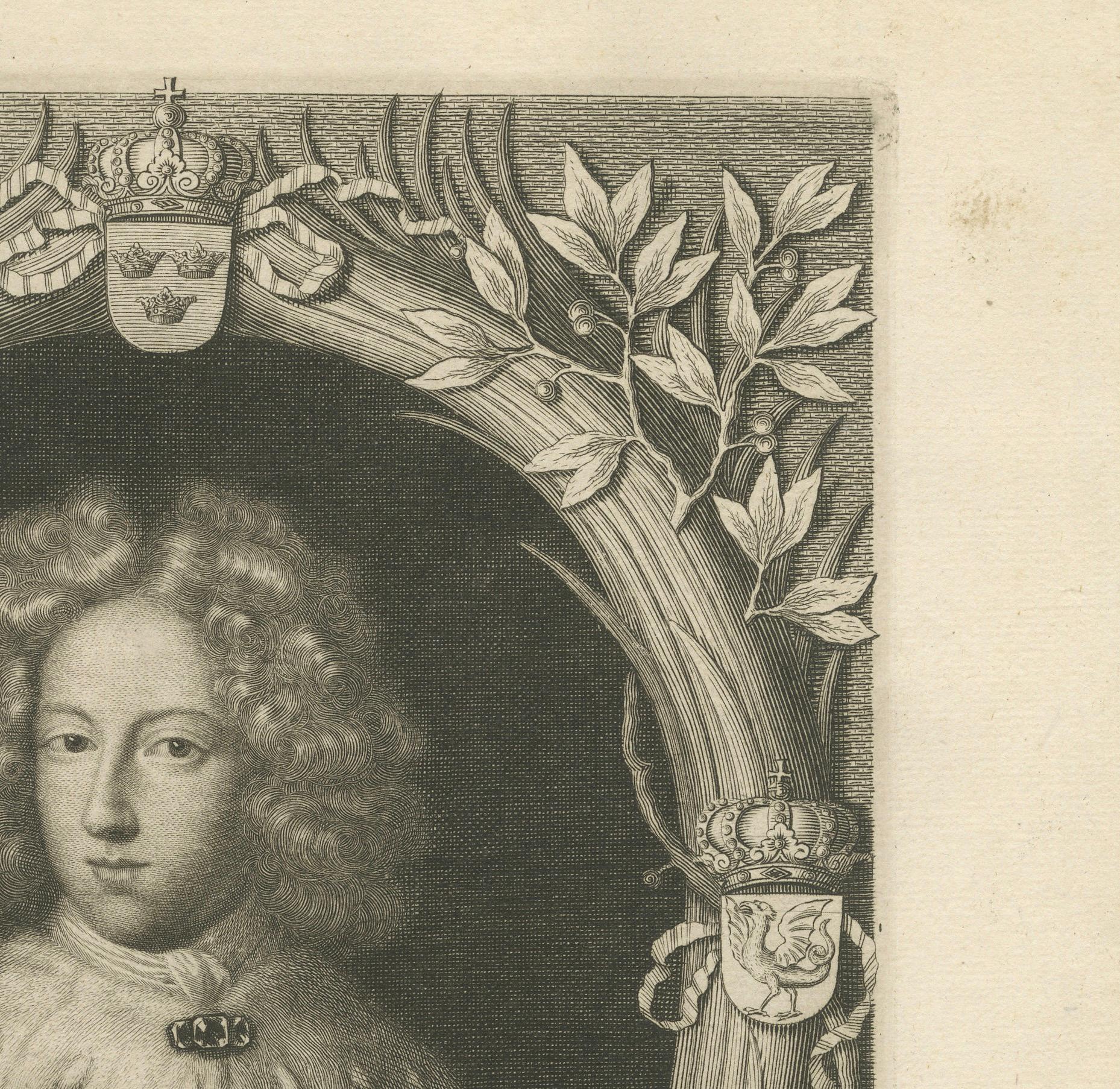Papier Portrait ancien de Charles XI de Suède, gravé en 1698 en vente