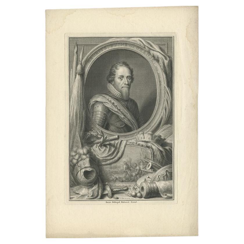 Antique portrait titled 'Maurits, Prins van Oranje enz. enz. enz'. Engraving of Maurice, Prince of Orange. Bust length with beard, closed ruff, armour, and with sash over right shoulder.

Artists and Engravers: Pieter Tanje (1706-1761) was an 18th