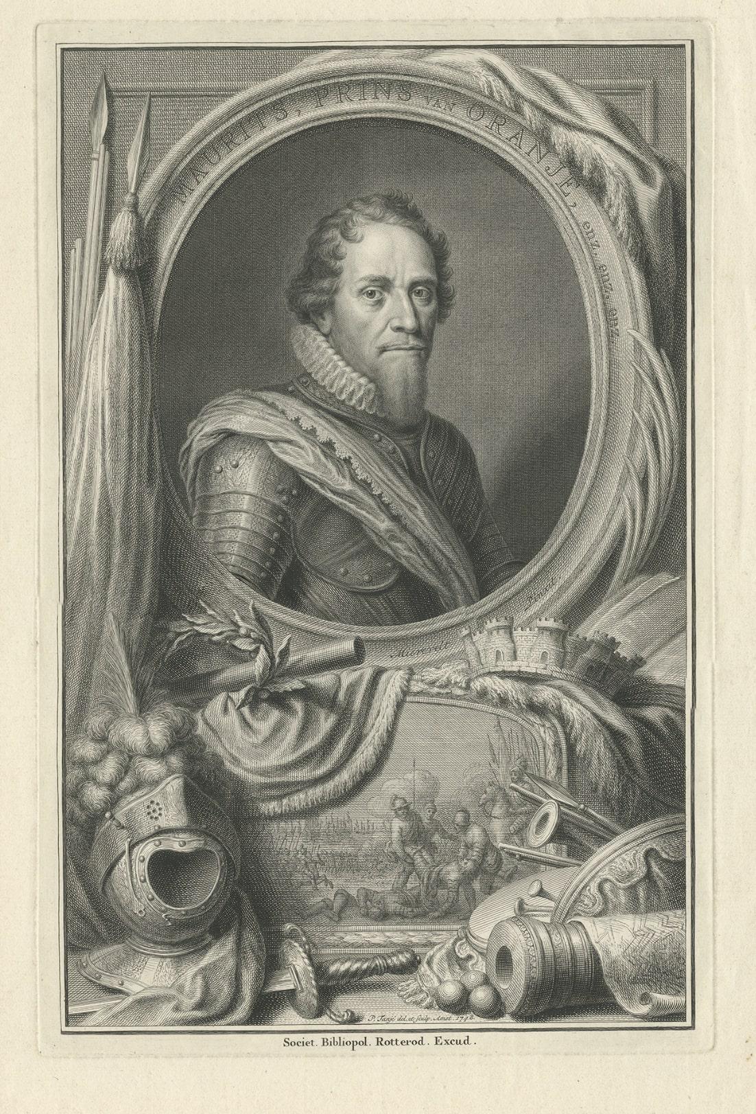 Paper Original Antique Portrait of Maurice, The Prince of Orange, 1748 For Sale