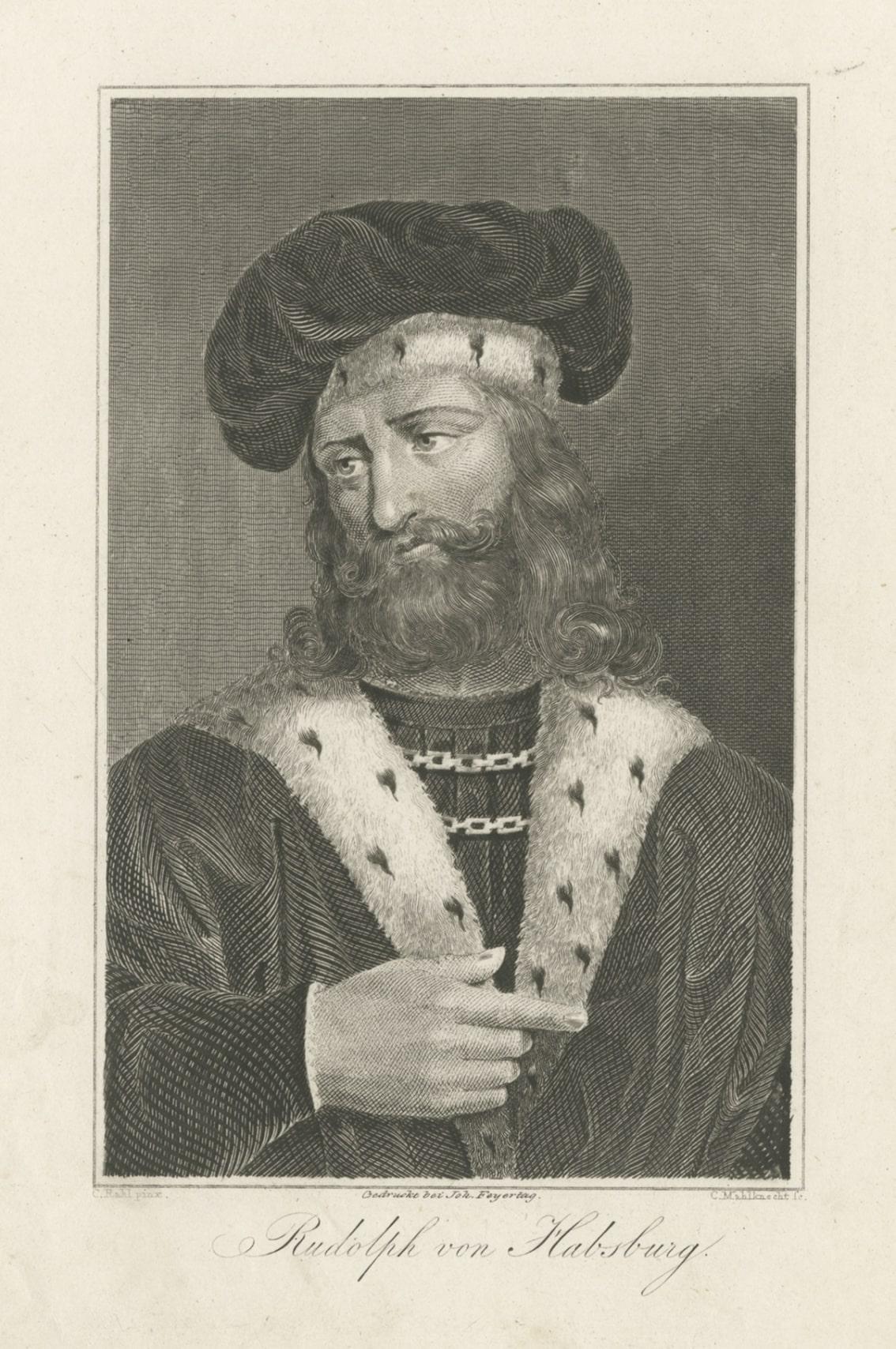 Antique print titled 'Rudolph von Habsburg'. 

Original antique portrait of Rudolf von Habsburg, Austrian emperor. Source unknown, to be determined. Published circa 1860. 

Artists and Engravers: Engraved by C. Mahlknecht after a painting by C.
