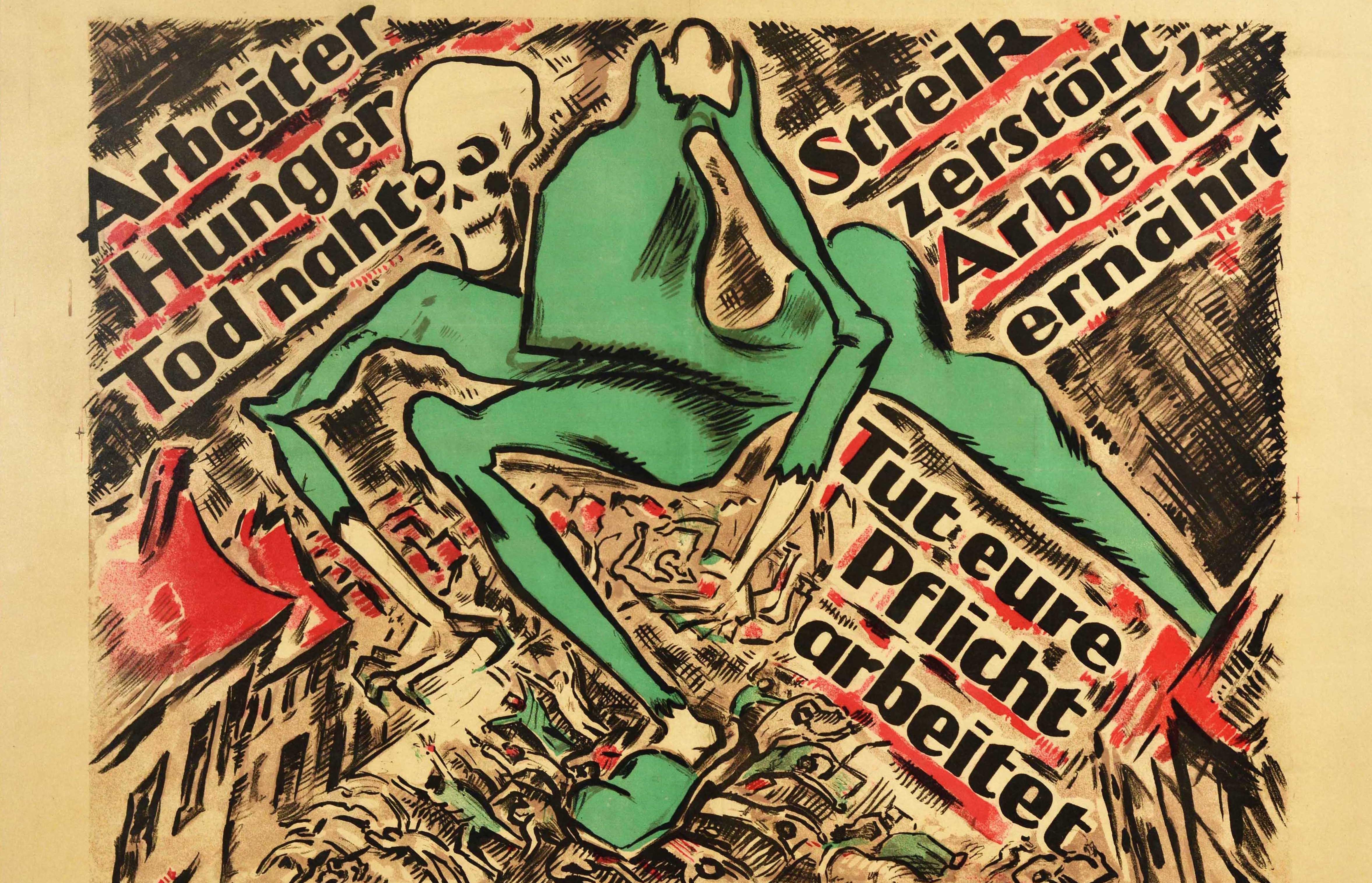 Original antique anti-Bolshevik propaganda poster featuring artwork by the German designer Heinz Fuchs (1886-1961) depicting a skeleton figure in green stepping over people and houses with the diagonal text in bold black lettering - Workers