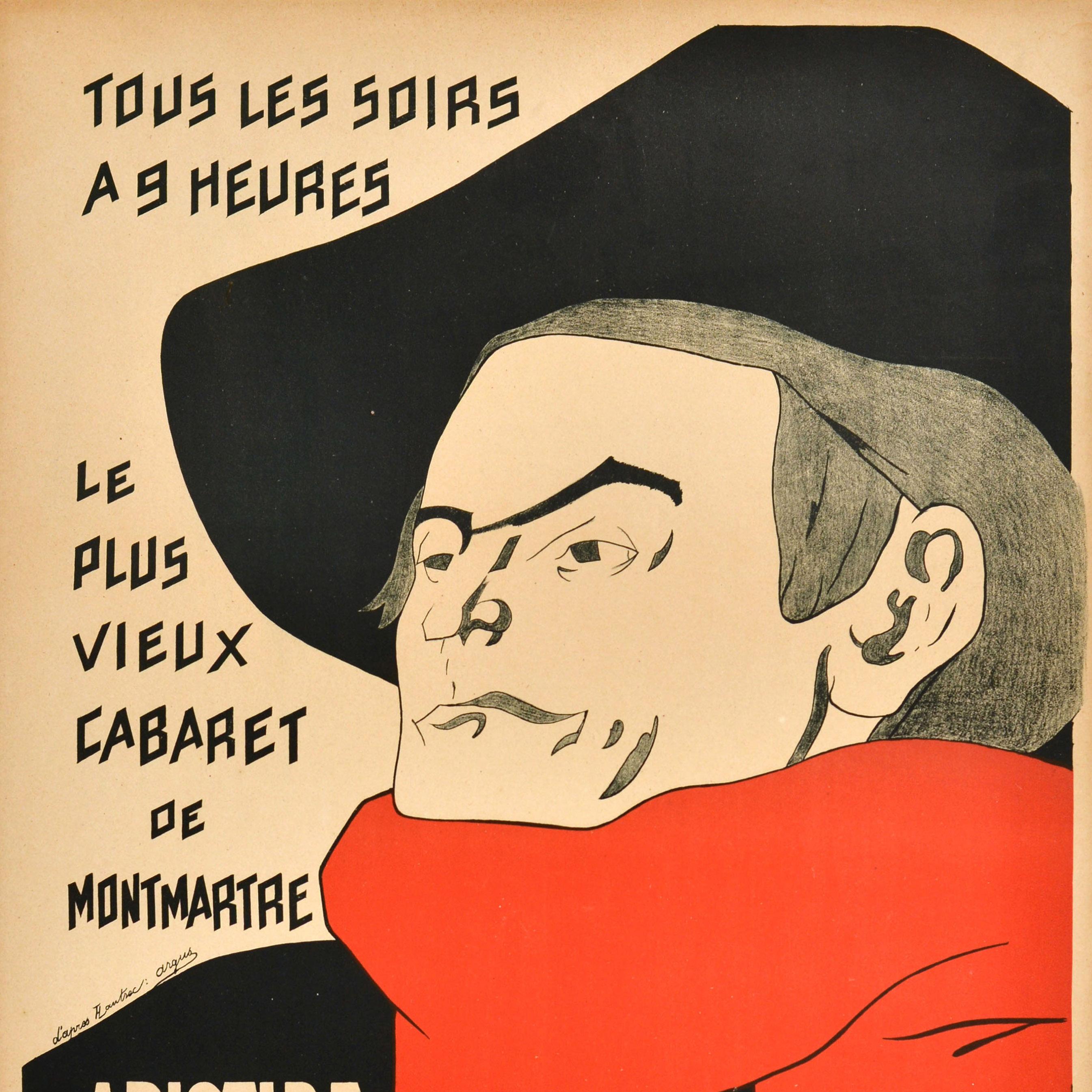 Originales antikes Plakat, das jeden Abend für die Aufführungen von Le Chat Noir, dem ältesten Kabarett in Montmartre Paris, wirbt - Tous les Soirs a 9 heures Le plus vieux Cabaret de Montmartre Aristide Bruant 84 Boulevard Rochechouart (Metro