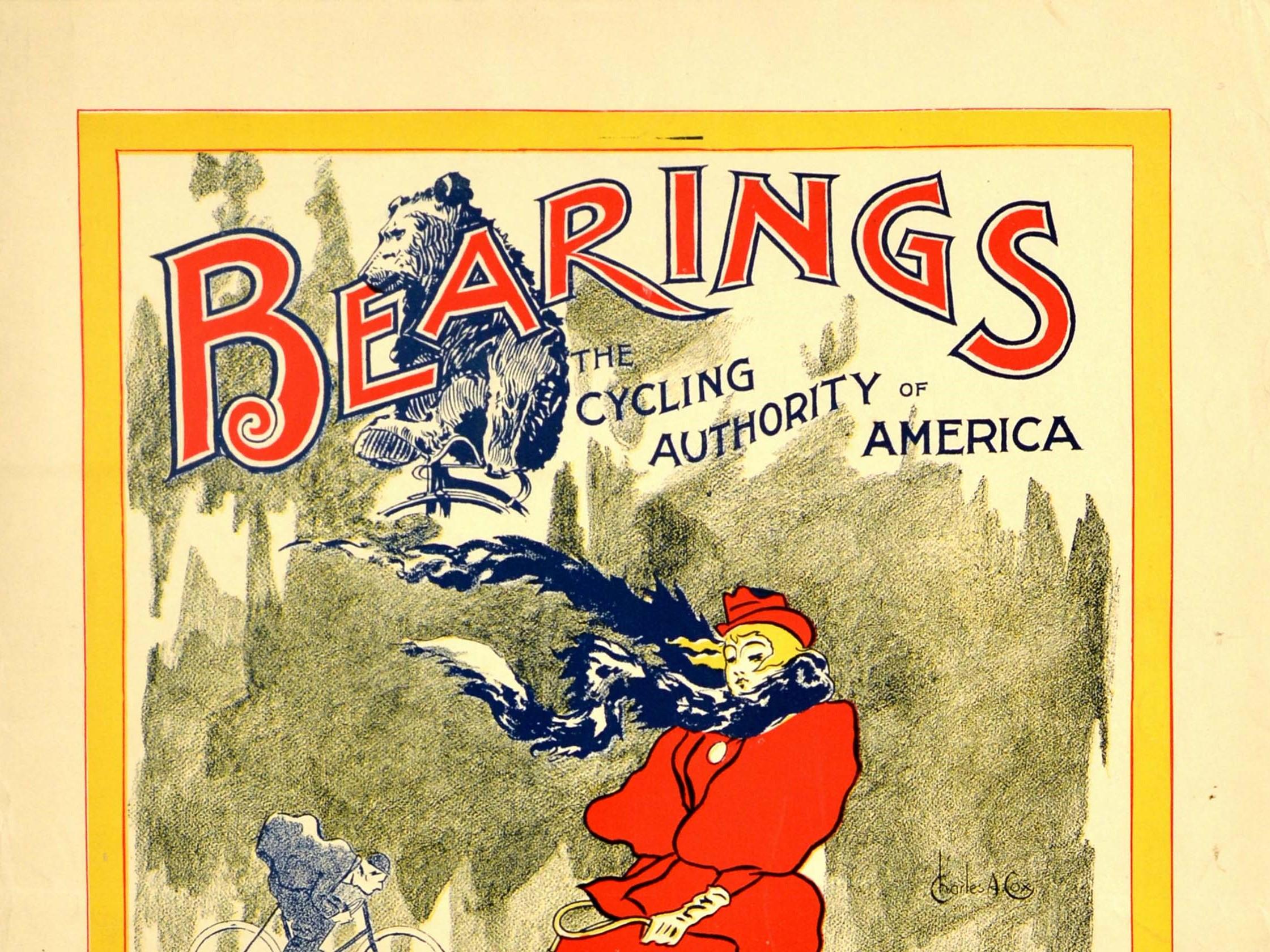Original antique advertising poster for a popular cycling magazine - Bearings The Cycling Authority of America Out Today For Sale Here - featuring a great Art Nouveau style design by the American artist Charles Arthur COX depicting a fashionably