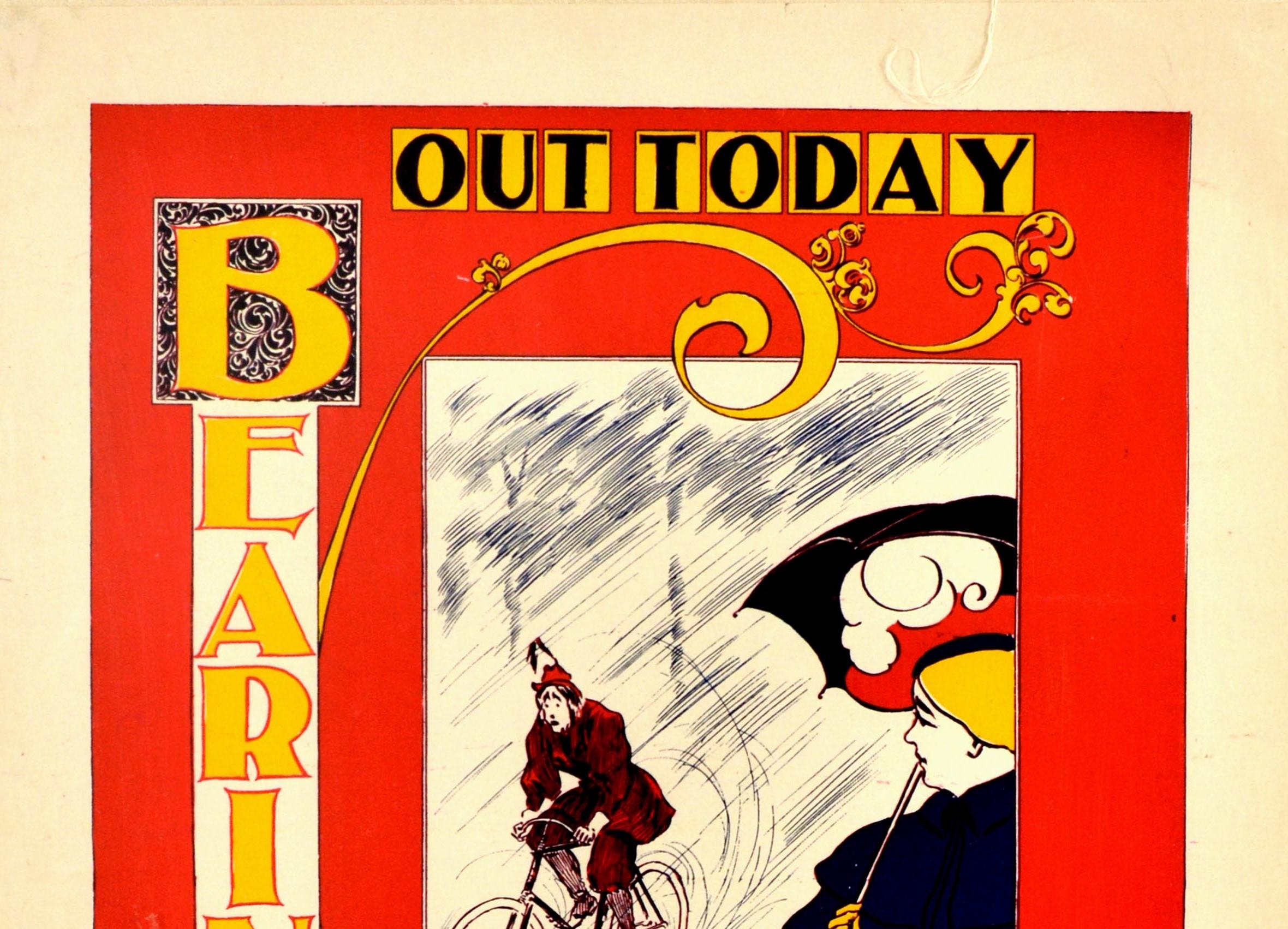 Original antique advertising poster for a popular cycling magazine Bearings featuring a great Art Nouveau style design by the American artist Charles Arthur Cox depicting a lady in fashionable dress standing on the side with an umbrella looking