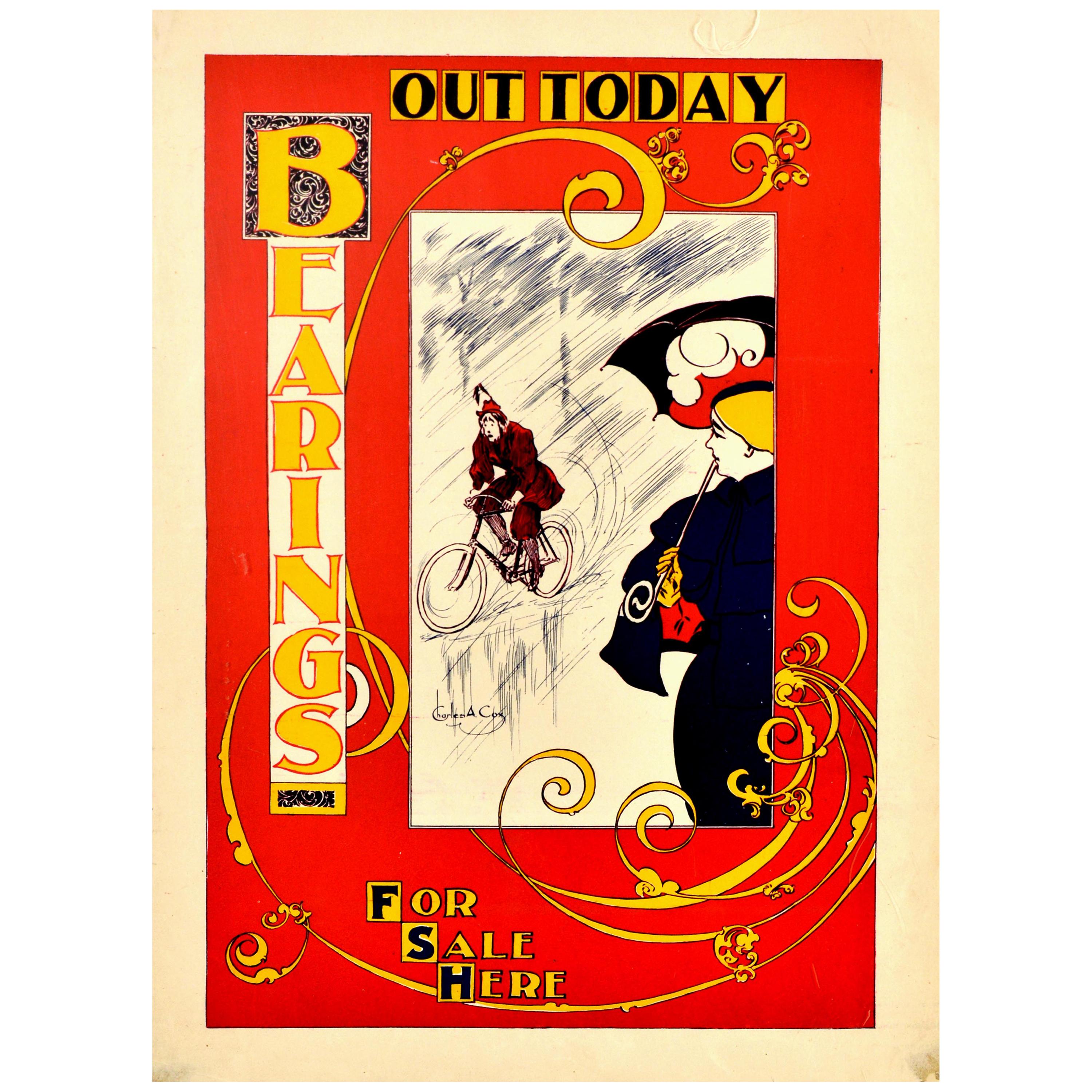 Original Antique Poster Bearings US Cycling Magazine Art Nouveau Design Cyclist For Sale