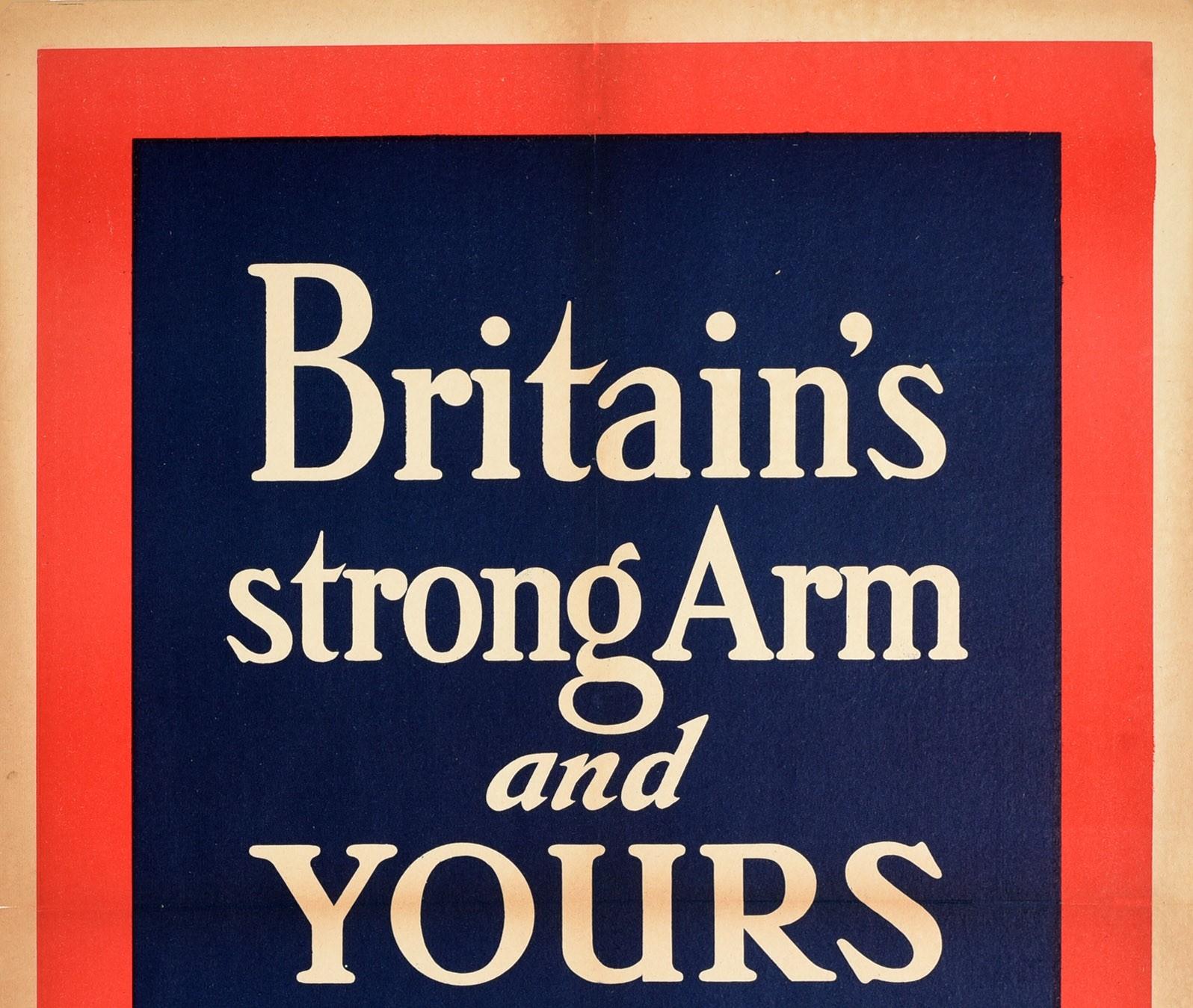 Original antique World War One military recruitment poster - Britain's Strong Arm and Yours Will Carry Us Through Enlist Now - featuring the bold white text on a blue background within a red border. Published by the Parliamentary Recruiting