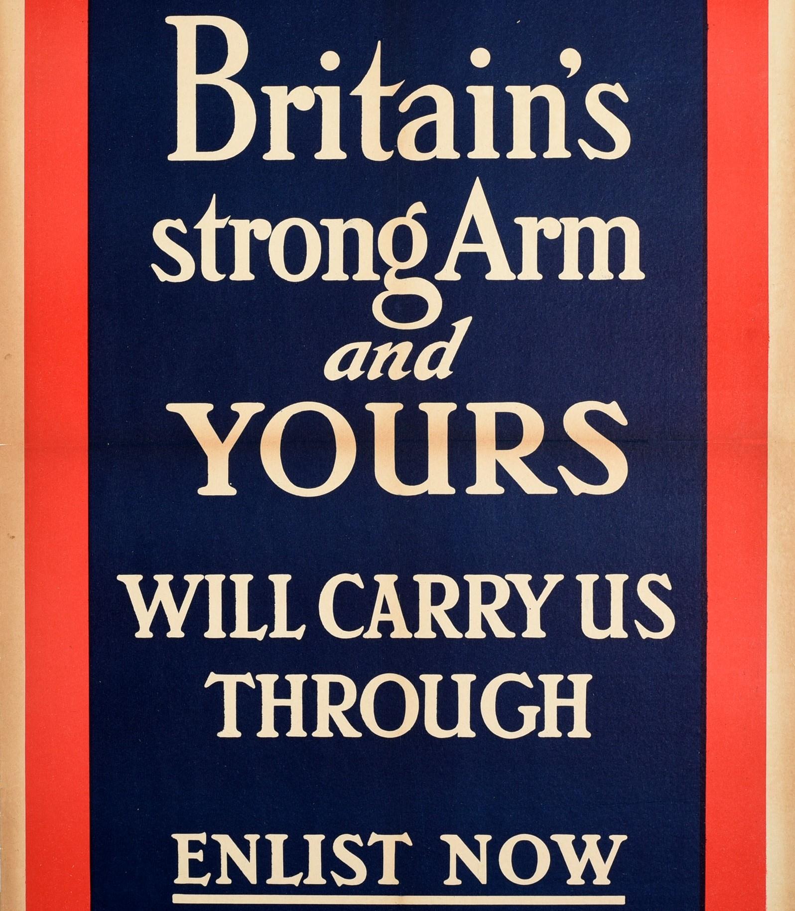 Britannique Affiche vintage d'origine d'antiquités - Britain's Strong Arm Enlist - Recrutement militaire de la Première Guerre mondiale en vente