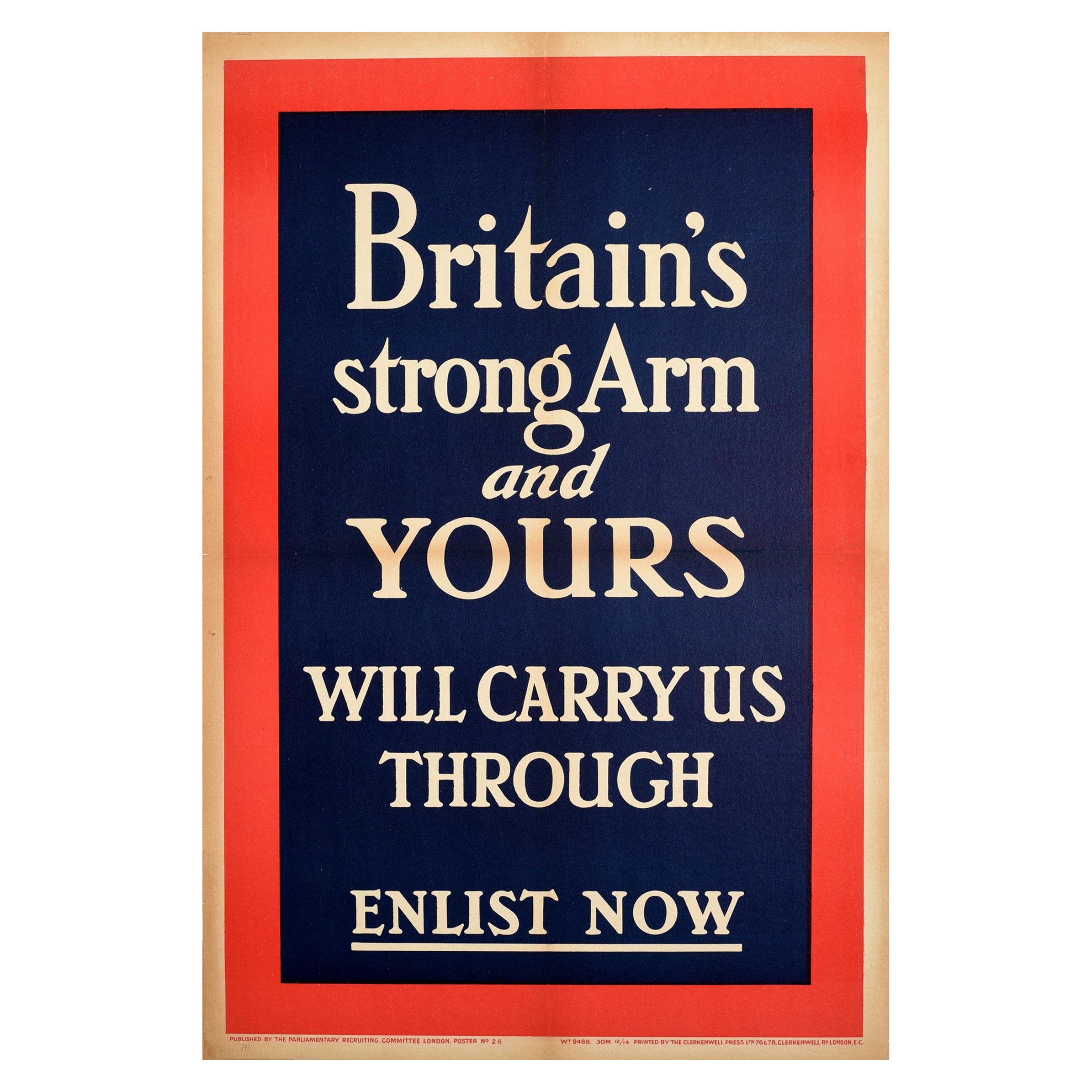 Original Antikes Original-Poster „ Britain's Strong Arm Enlist Now WWI Military Recruitment“