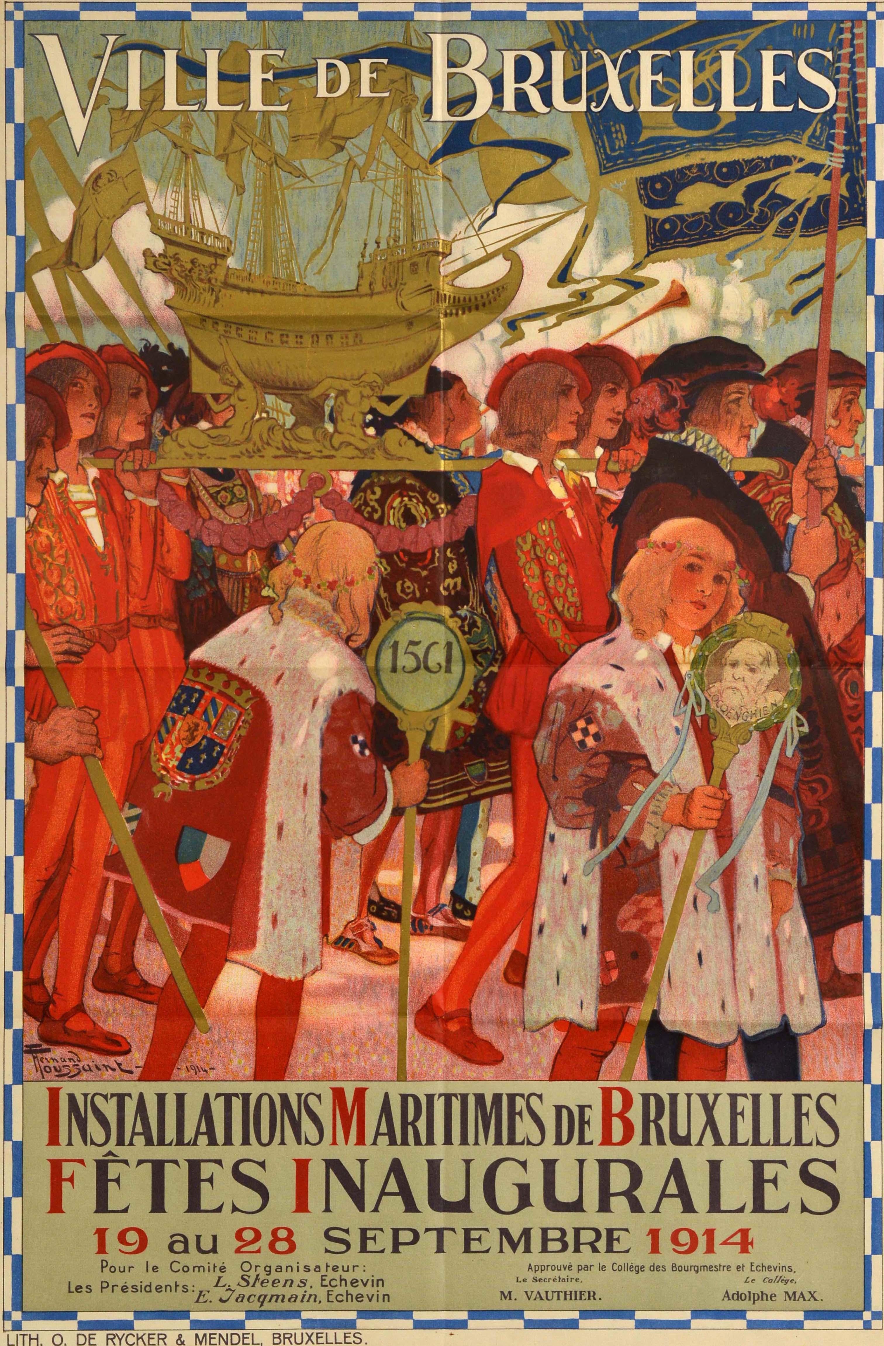 Originales antikes Plakat zur Werbung für die vom 19. bis 28. September 1914 stattfindenden maritimen Installationen und Einweihungsfeiern der Stadt Brüssel - Ville de Bruxelles Installations Maritimes de Bruxelles Fetes Inaugurales - mit einem