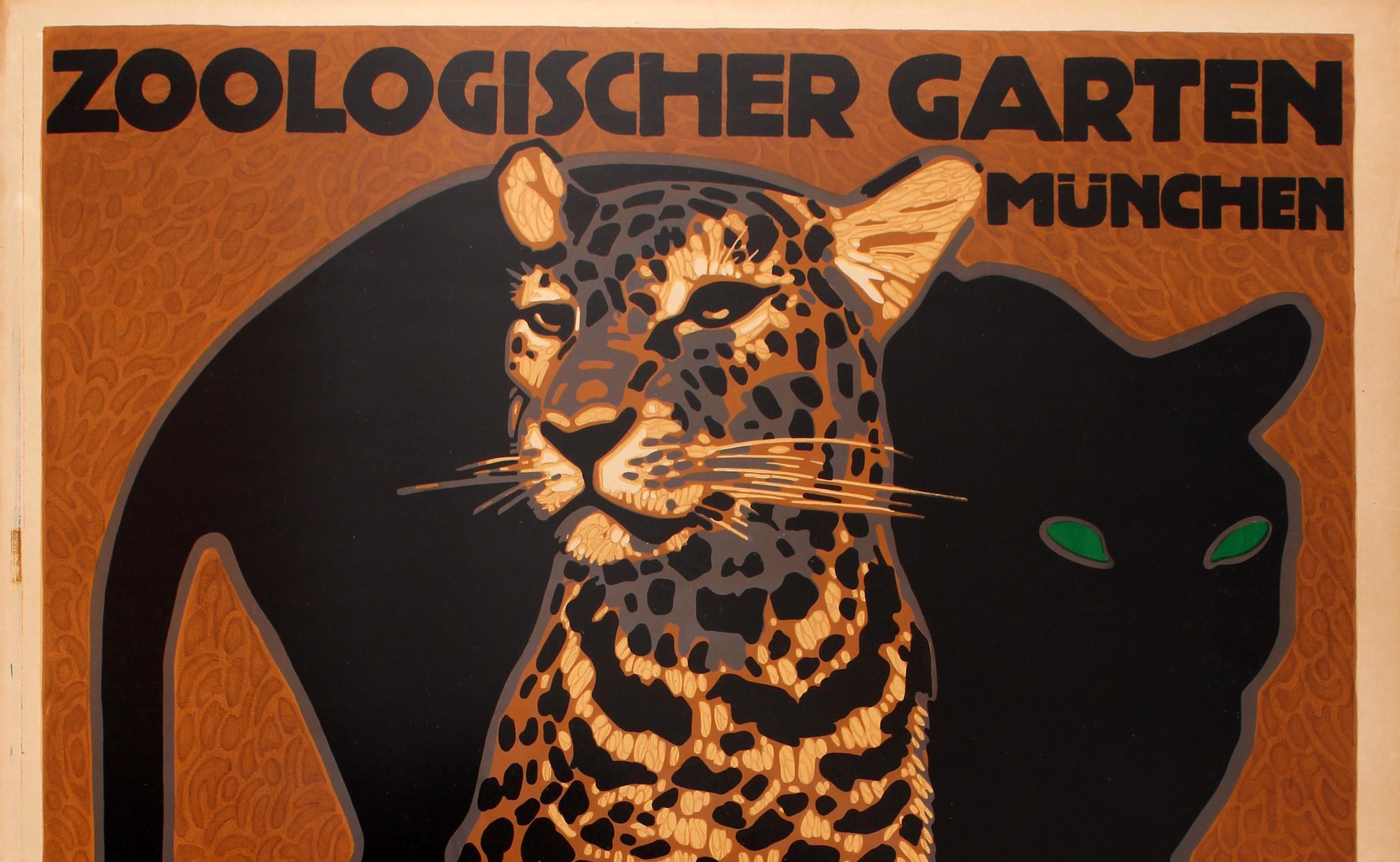 Original vintage travel advertising poster for Munich Zoo Park / Zoologischer Garten Munchen by the notable German graphic artist Ludwig Hohlwein (1874-1949). Stunning artwork featuring a black panther with green eyes behind a leopard sitting
