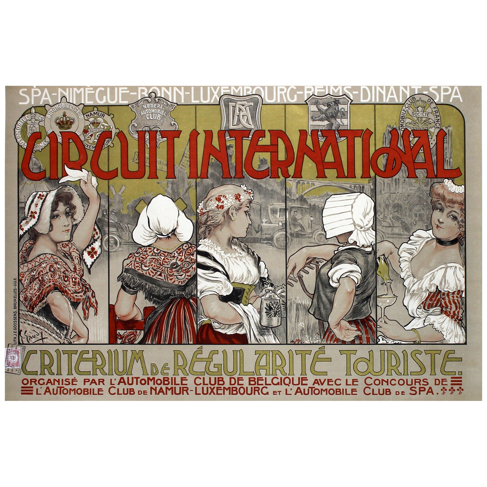 Affiche d'origine ancienne de course de voitures du circuit international Spa de Bonn au Luxembourg