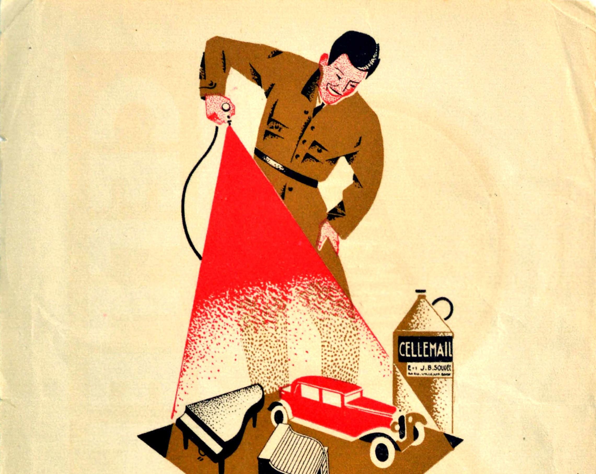 Cartel publicitario original de época de Cellemail le premier email a froid Francais / Cellemail el mejor esmalte frío francés con un gran diseño de un trabajador con mono marrón rociando una capa roja de esmalte sobre un coche con un piano y un