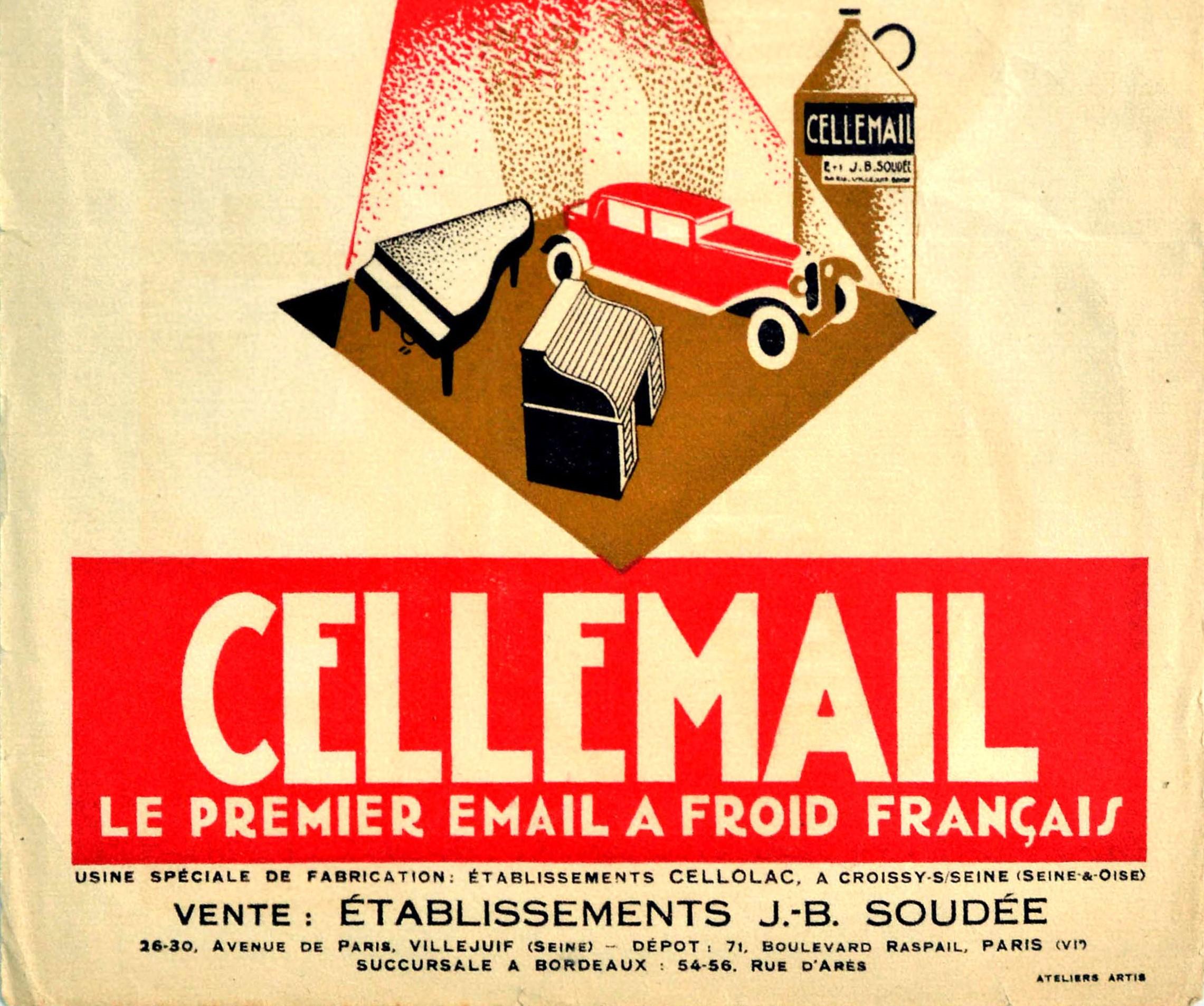 Art Deco Original Antique Poster Cellemail Le Premier Email A Froid Francais Enamel Paint For Sale