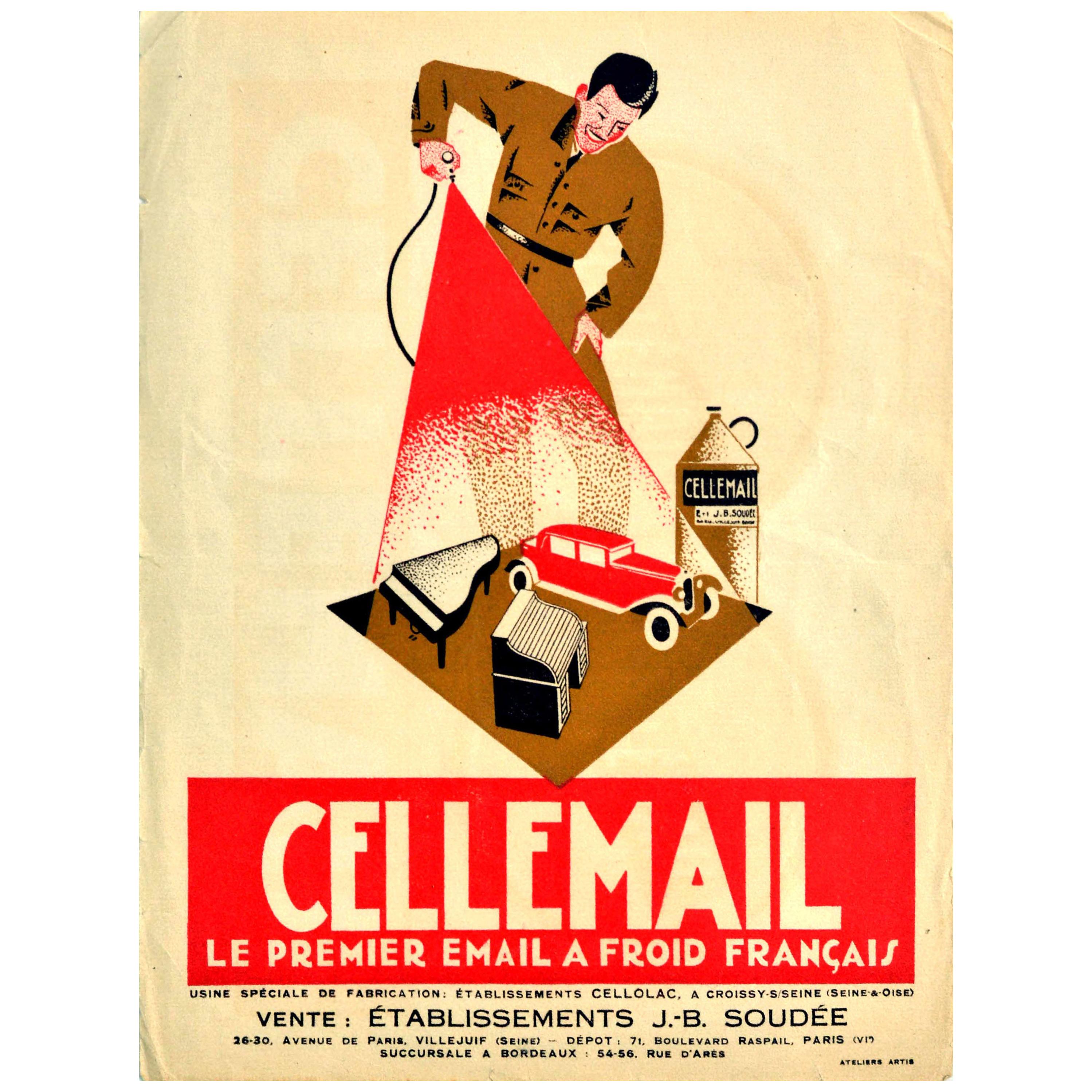 Original Antike Poster Cellemail Le Premier Email A Froid Francais Emaille-Farbe im Angebot