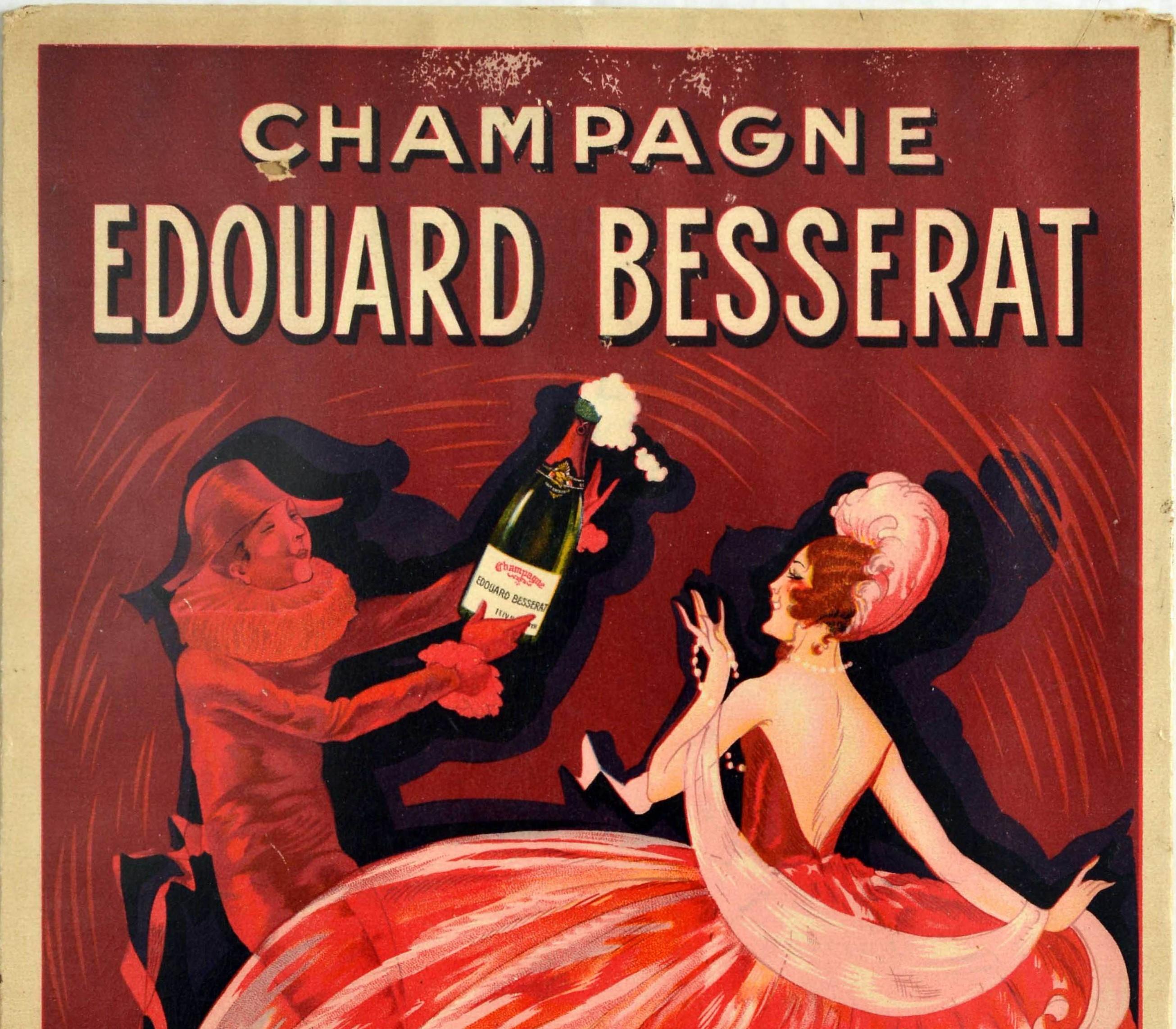 Original antique drink advertising poster for Edouard Besserat Champagne featuring a painting by a French artist Gaston Marechaux (1872-c.1936) of person wearing a hat and pleated ruffle collar outfit in shades of red holding up an open bottle of