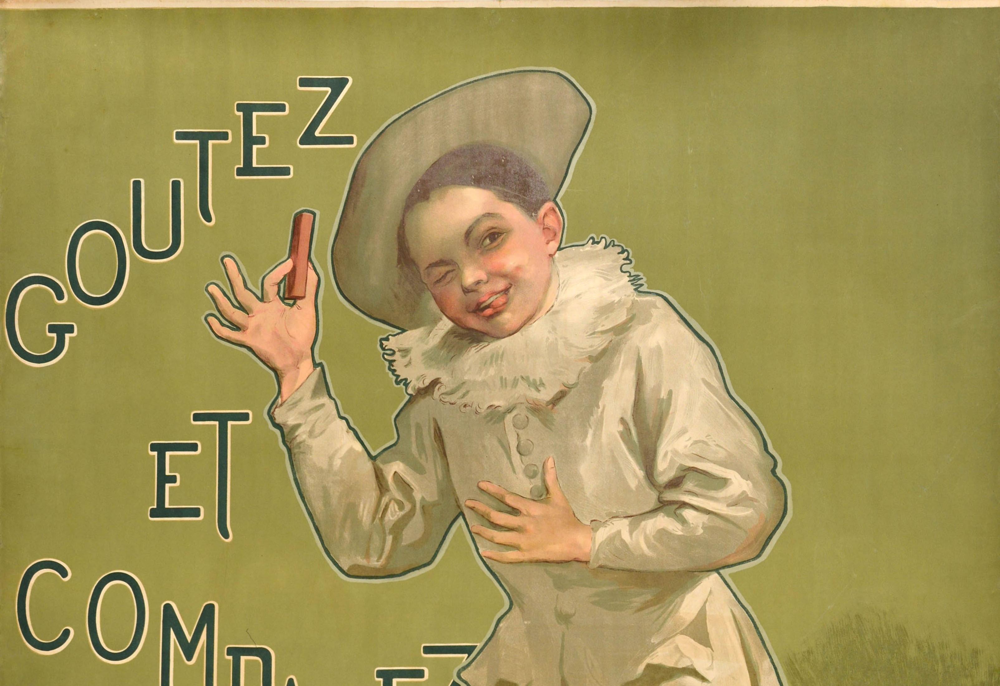 Original antique food advertising poster for Chocolat Poulain Goutez et compare / Taste and Compare featuring an illustration of a young boy in white clothing wearing a hat with bows on his shoes mischievously sticking his tongue out and winking to