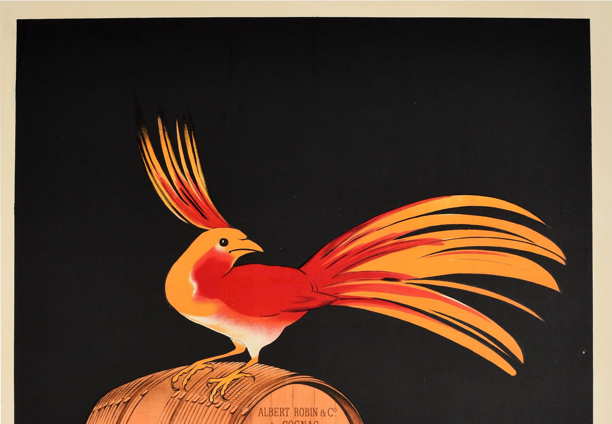 Cartel publicitario antiguo original de bebidas para el coñac Albert Robin, con un impresionante diseño del famoso cartelista Leonetto Cappiello (1875-1942) que representa un colorido pájaro rojo y naranja sobre un barril de madera de coñac Albert