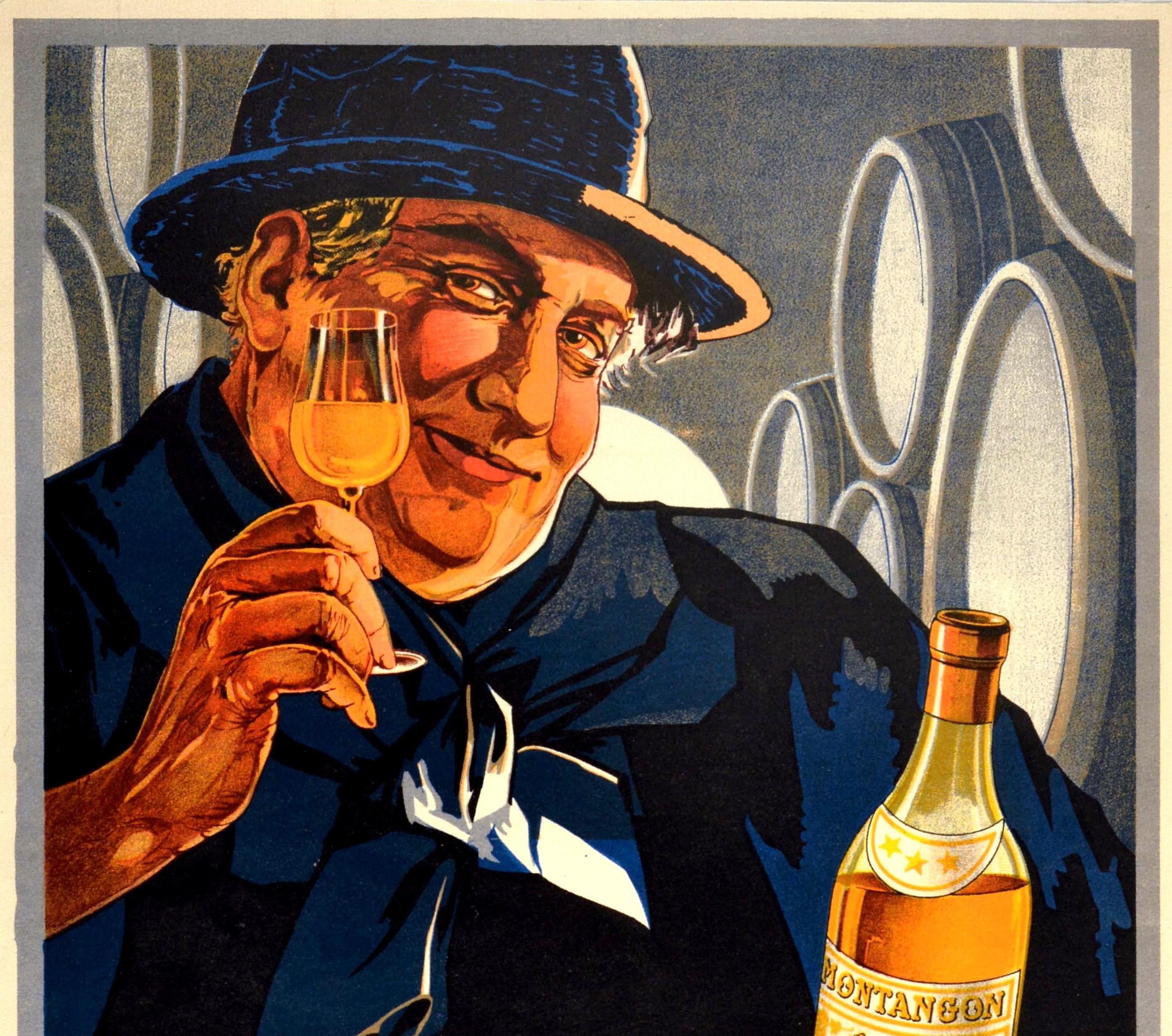 Original antique alcohol drink advertising poster for Cognac Montangon featuring a smiling man looking at the viewer and holding up a glass and a bottle of cognac with wooden cognac barrels in the background, the title in bold stylized red lettering