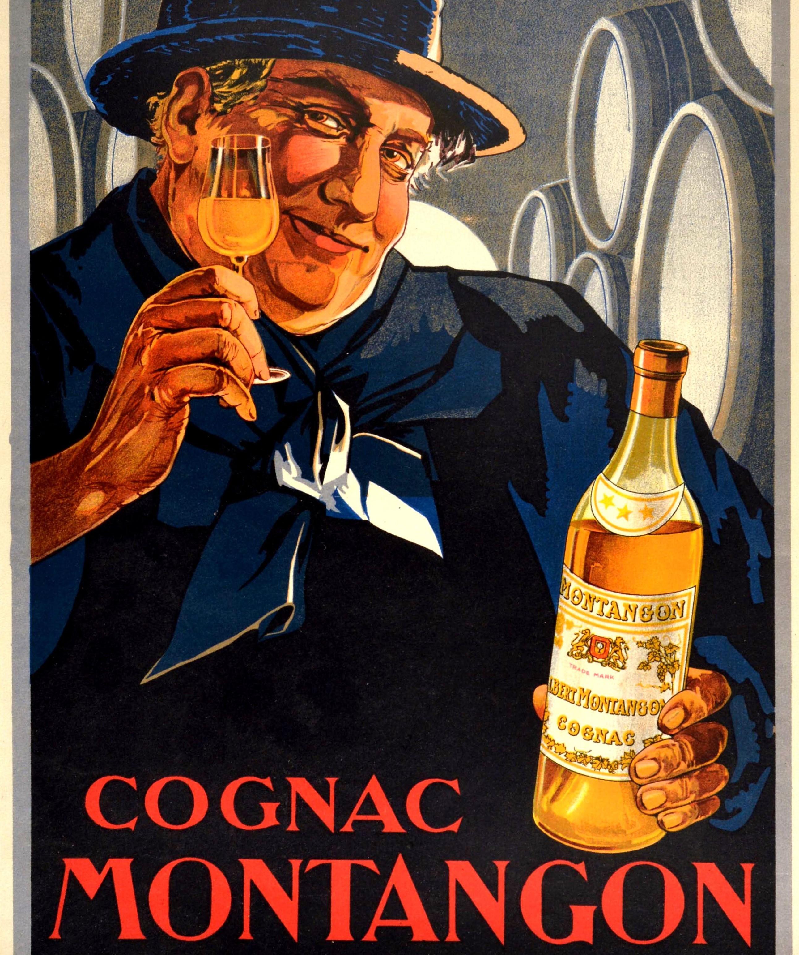 Affiche d'origine ancienne originale, Cognac Montangon, France, Publicité pour la boisson d'alcohol Excellent état - En vente à London, GB