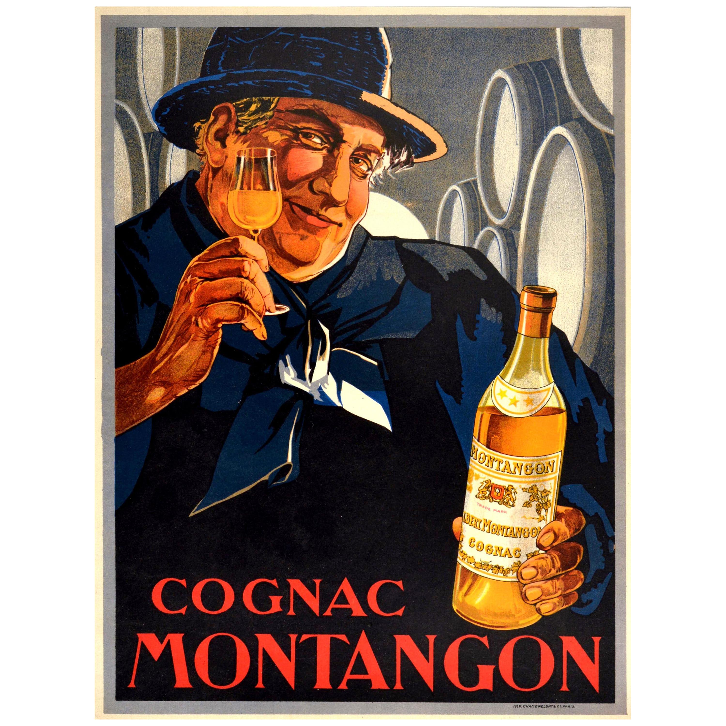 Original Antique Poster Cognac Montangon France Alcohol Drink Advertising Art
