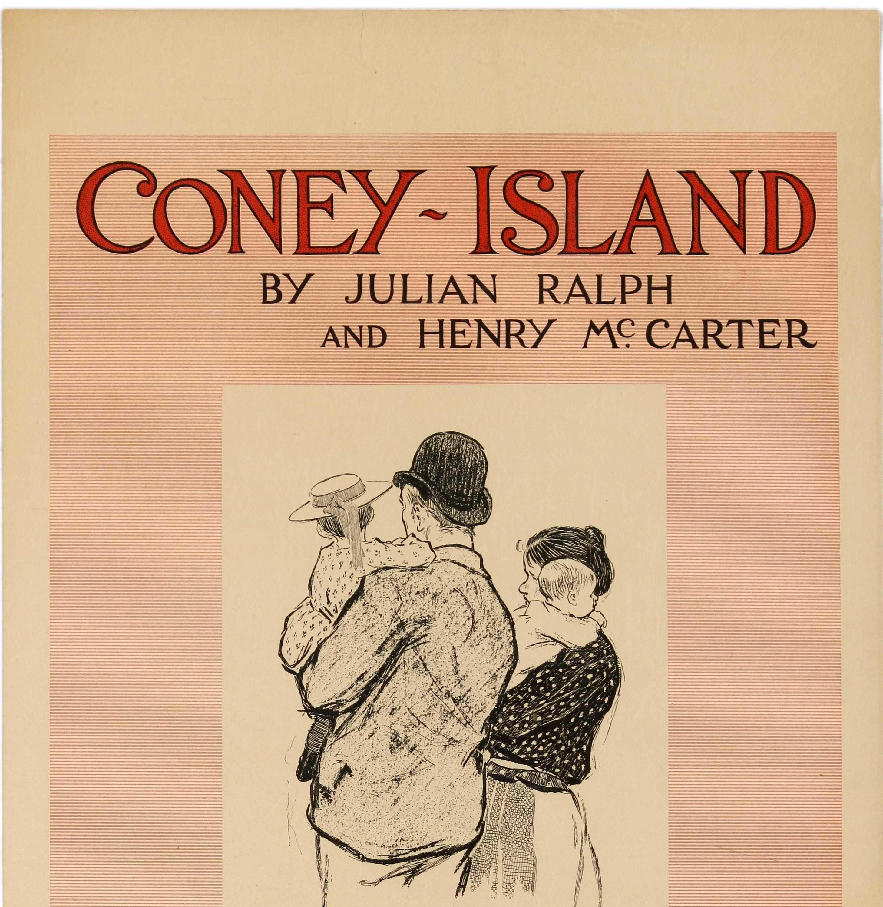Original antique magazine advertising poster for the American periodical Scribner's (1887-1939) featuring a black and white image depicting a family heading out for a fun time at the popular Coney Island seaside amusement park in Brooklyn New York