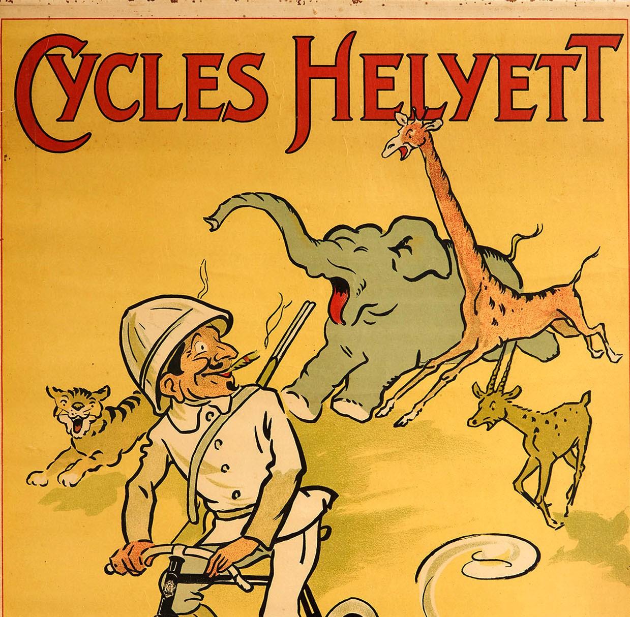 Original antique bicycle advertising poster for Cycles Helyett - Vous pouvez courir...! Sur ma bicyclette Helyett je ne vous crains pas...! You can run...! On my Helyett bicycle I do not fear you...! - featuring a fun and colorful design against a
