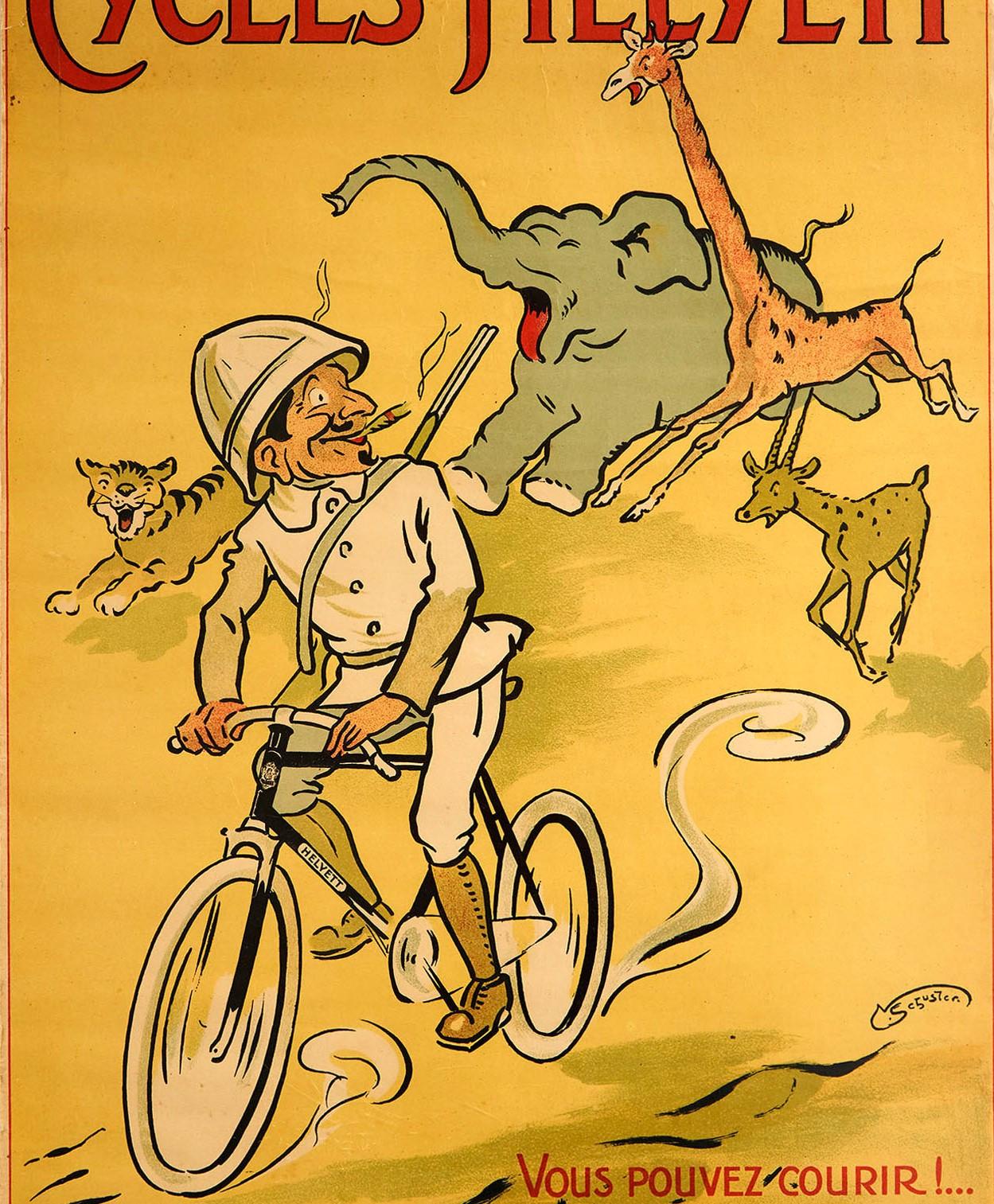 Early 20th Century Original Antique Poster Cycles Helyett French Bicycle Safari Animals Design Art