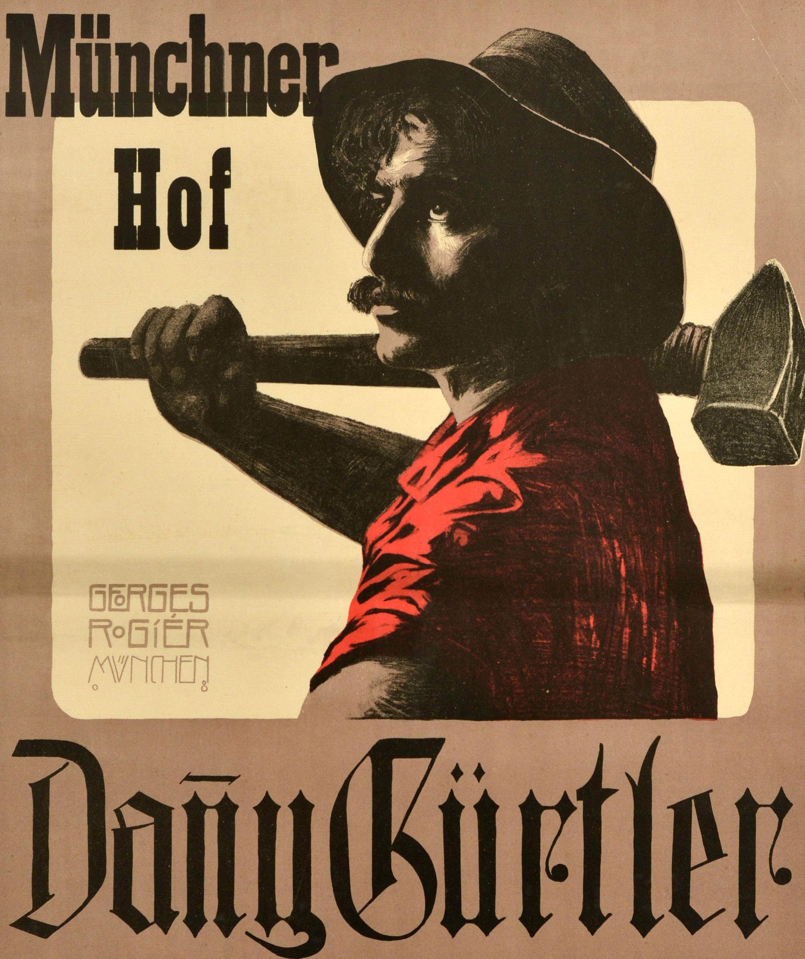 Original antique poster - Munchner Hof Danny Gurtler - featuring an image of a moustached man wearing a hat and holding a hammer over his shoulder in black and white, his shirt in red with the title above and actor's name in stylised lettering on